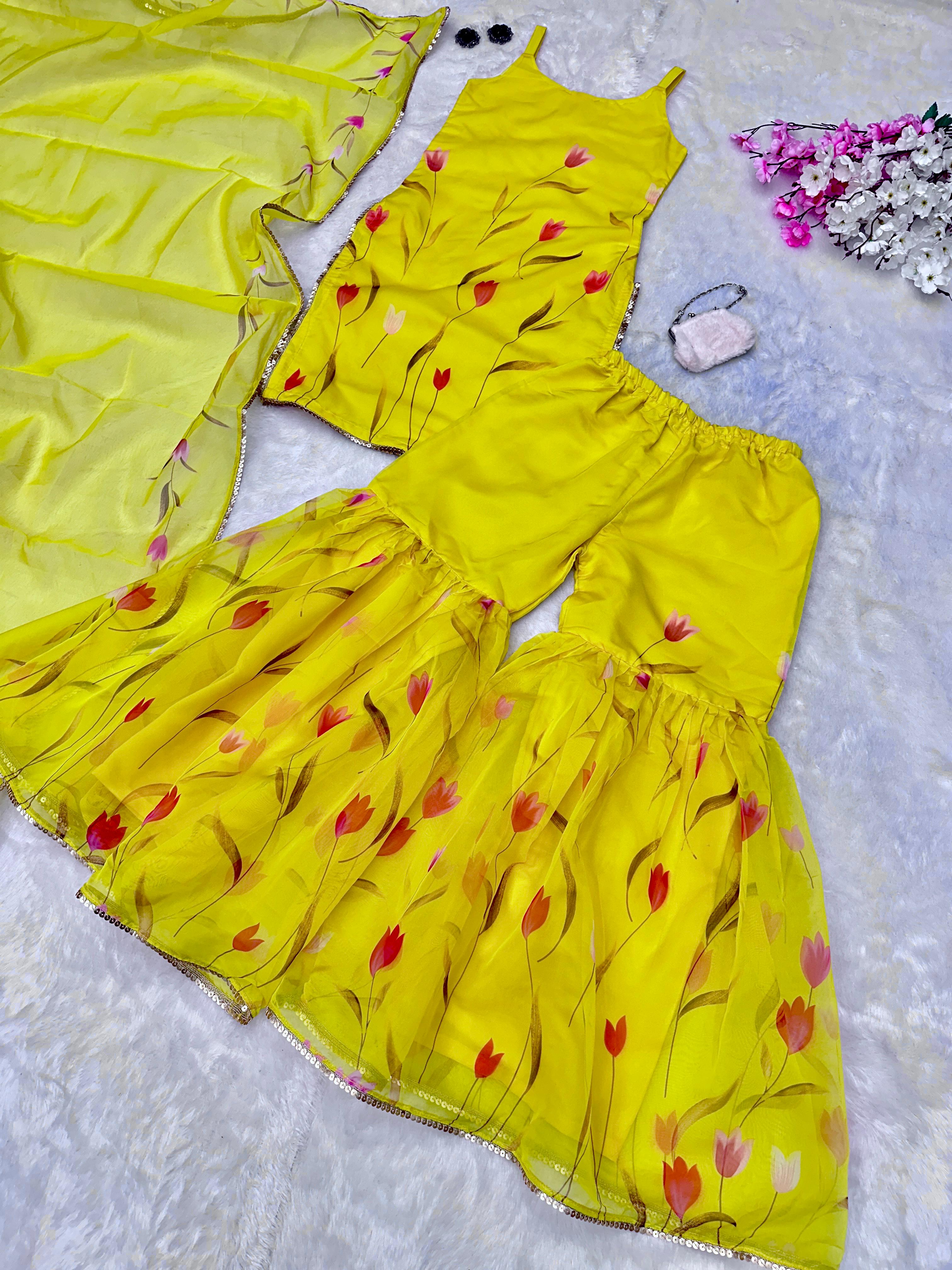 Haldi Wear Yellow Color Digital Printed Organza Kurta With Sharara Suit