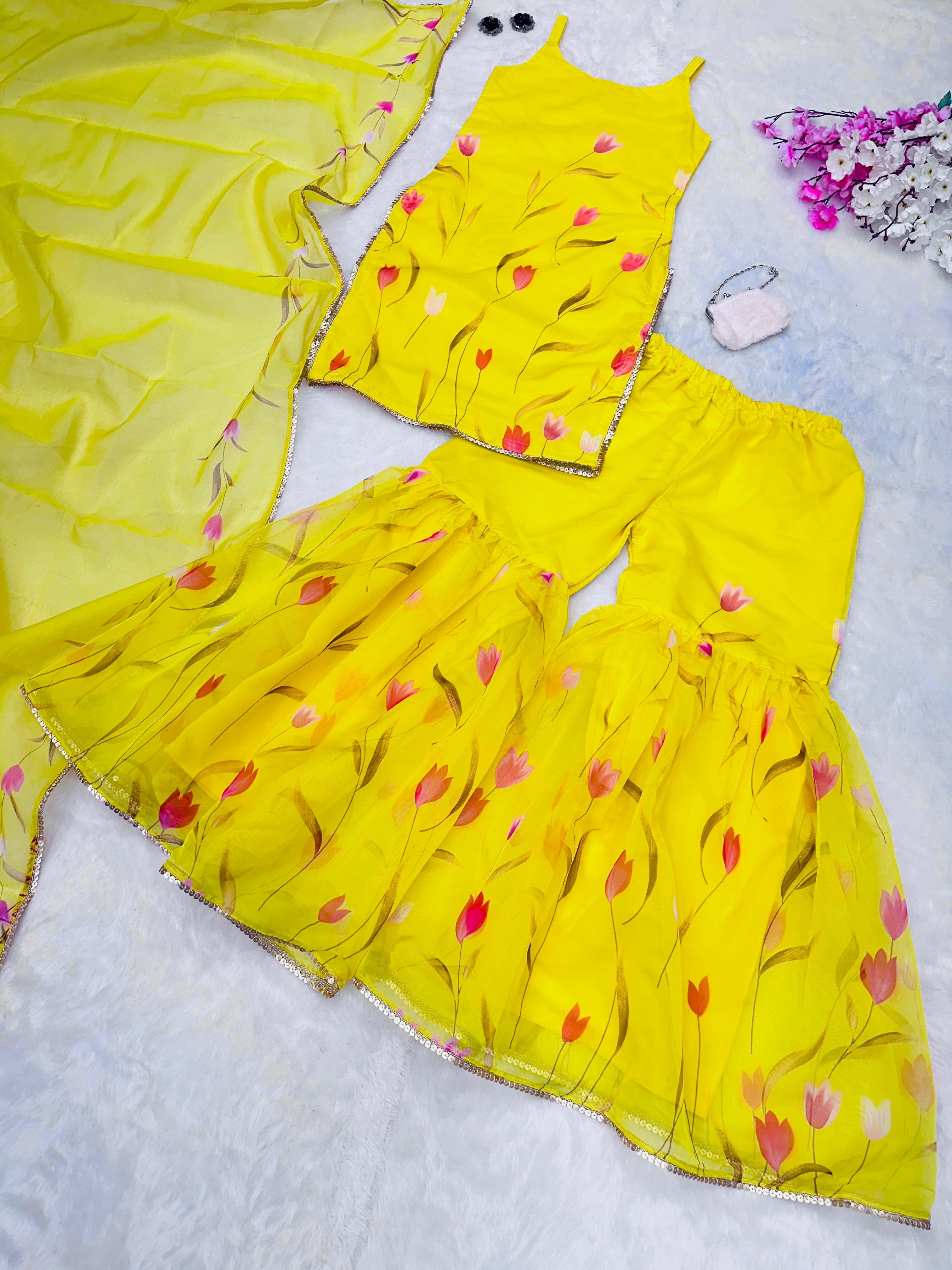Haldi Wear Yellow Color Digital Printed Organza Kurta With Sharara Suit