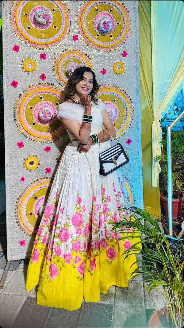 Wedding Wear White And Yellow Color Designer Jimmy Organza Silk Floral Printed Lehenga Choli