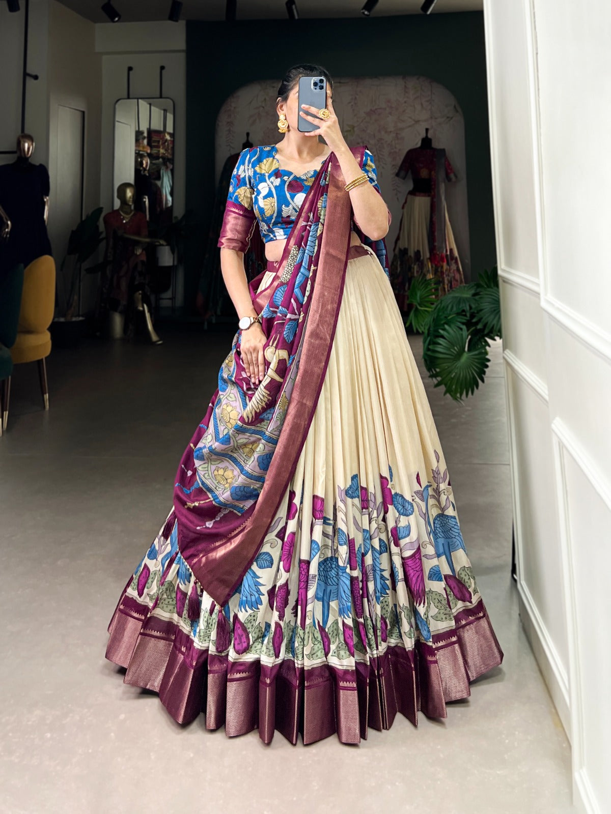 Function Wear Off White Dola Silk With Kalamkari Printed And Zari Weaving Border Beautiful Lehenga Choli