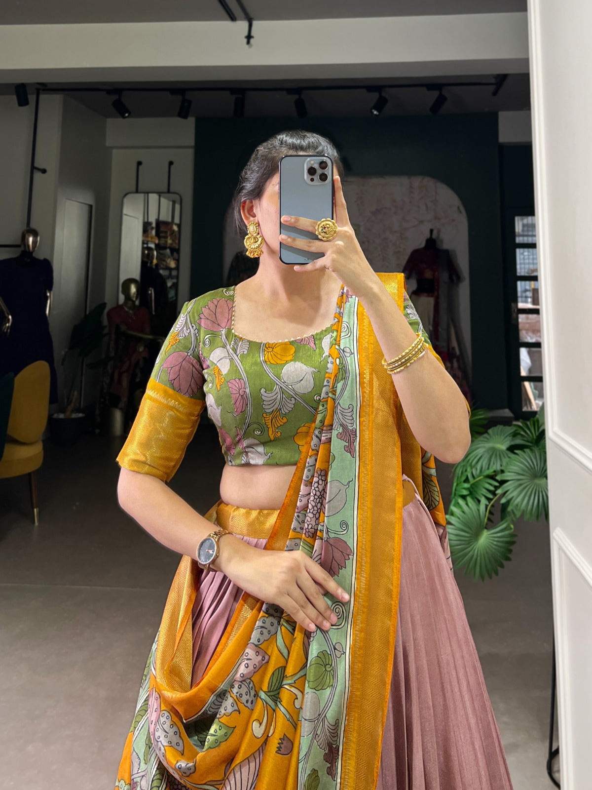 Function Wear Onion Dola Silk With Kalamkari Printed And Zari Weaving Border Beautiful Lehenga Choli