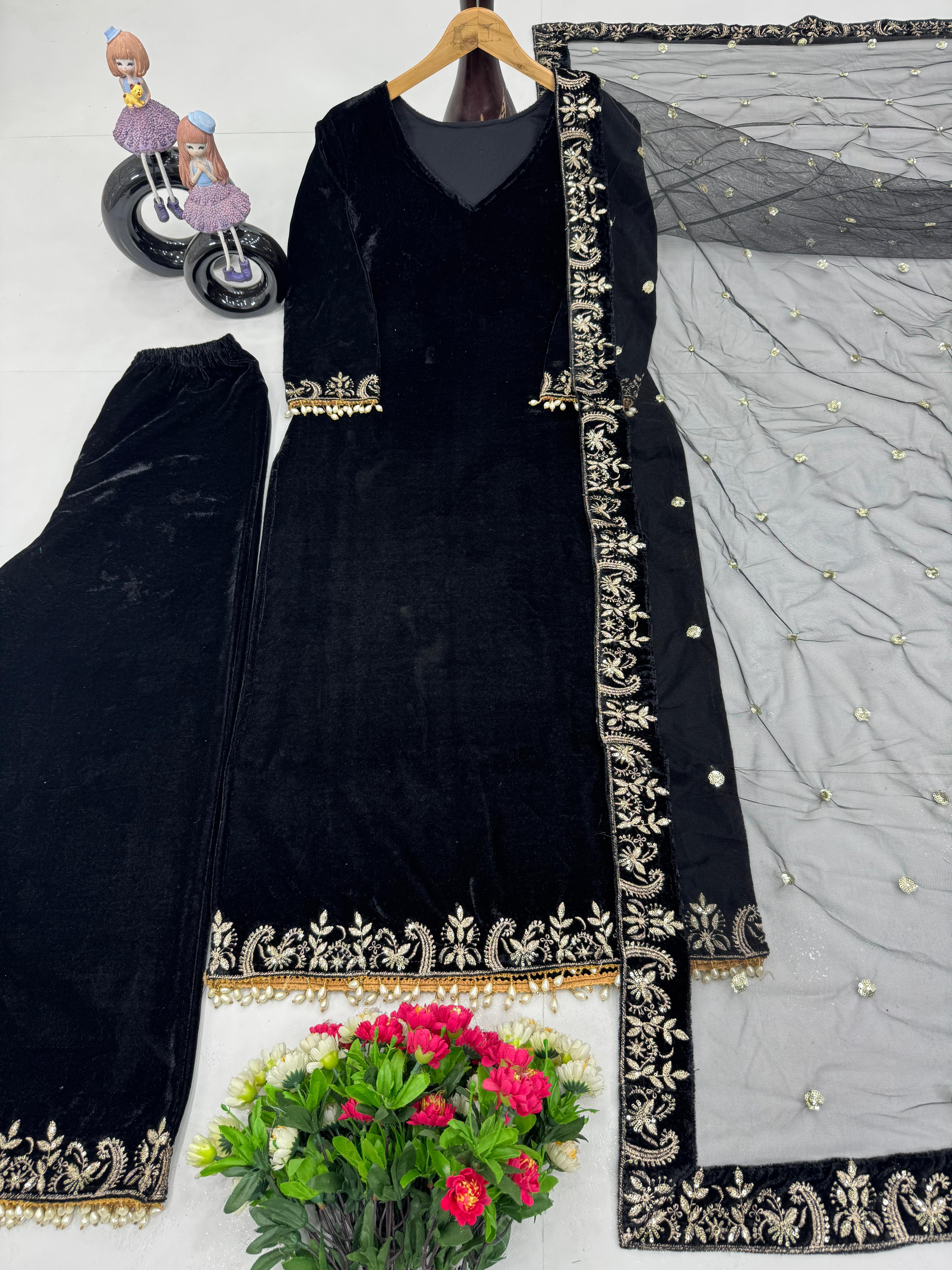 Reception Wear Black Color Heavy 9000 Velvet With Embroidery Sequences Work Salwar Suit