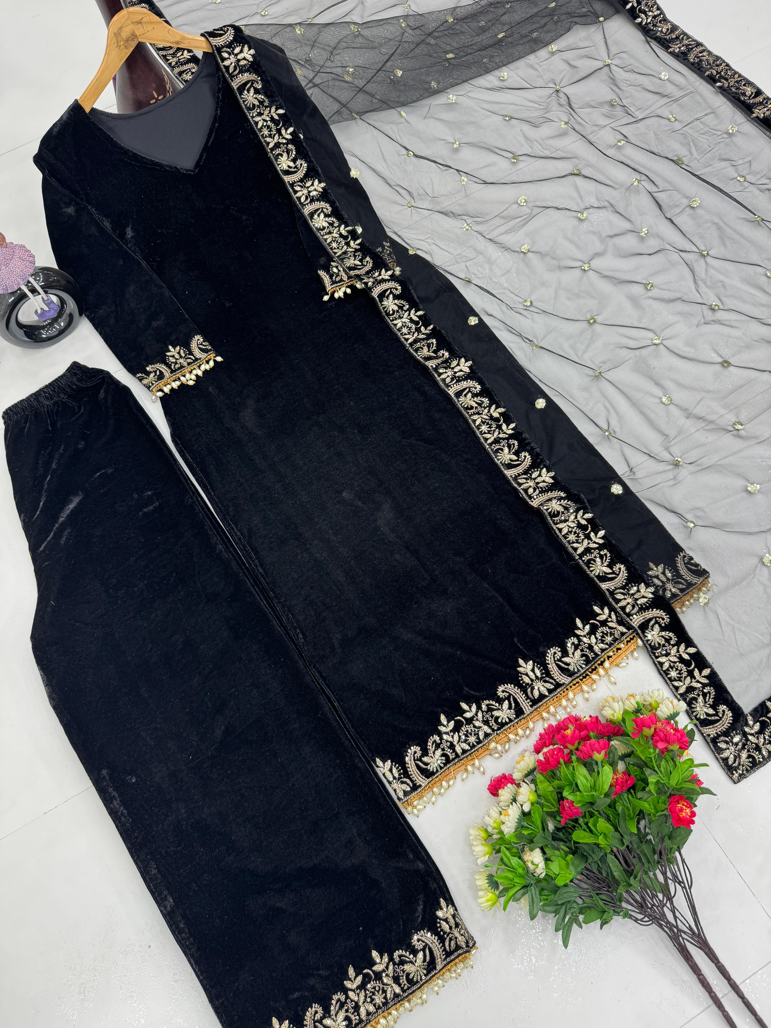 Reception Wear Black Color Heavy 9000 Velvet With Embroidery Sequences Work Salwar Suit