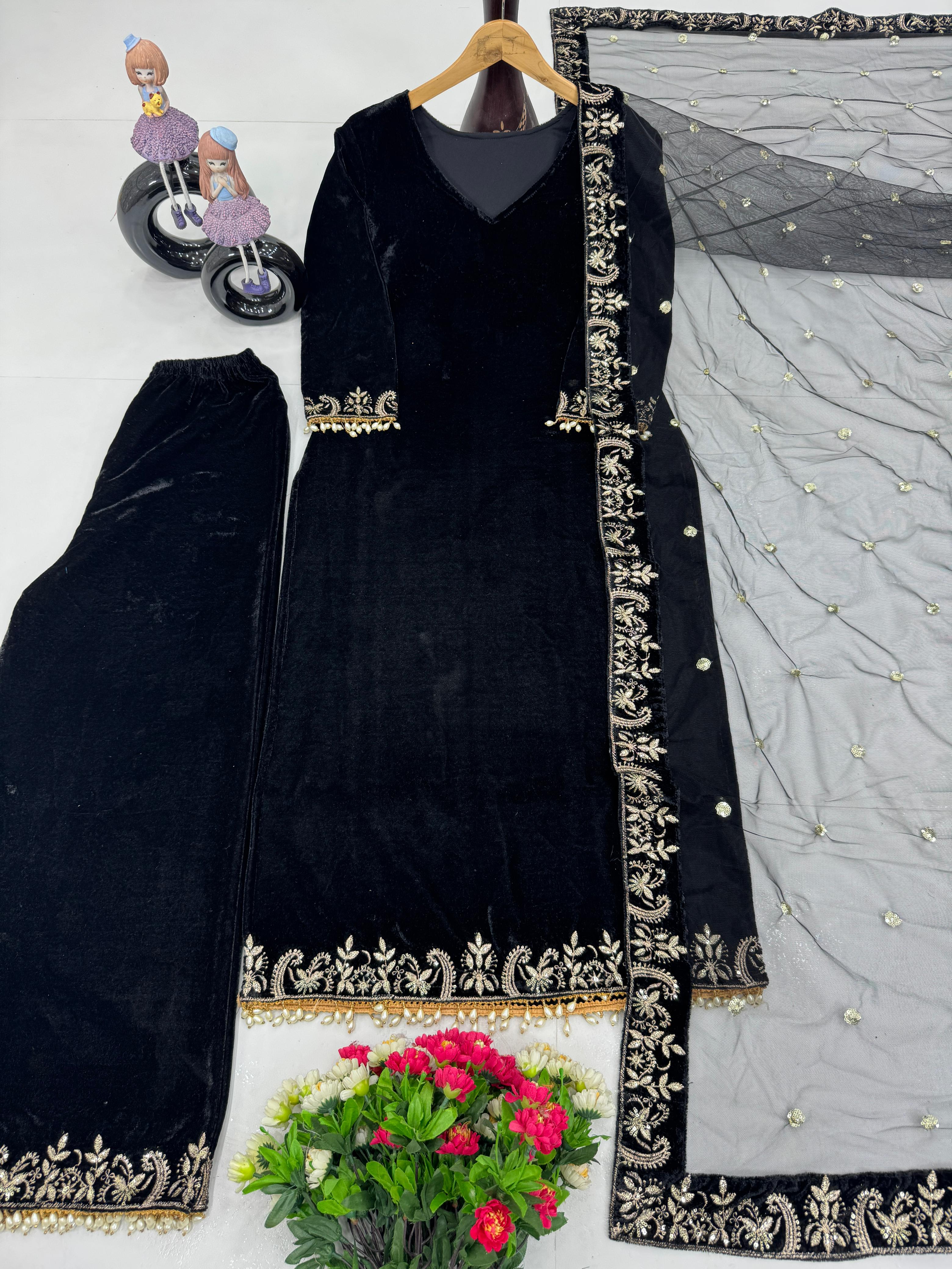 Reception Wear Black Color Heavy 9000 Velvet With Embroidery Sequences Work Salwar Suit