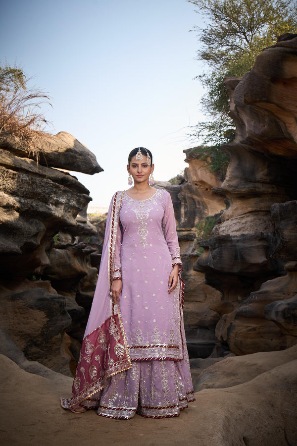Wedding Wear Lavender Color Faux Georgette Thread With Sequence With Rivet Moti Designer Sharara Suit