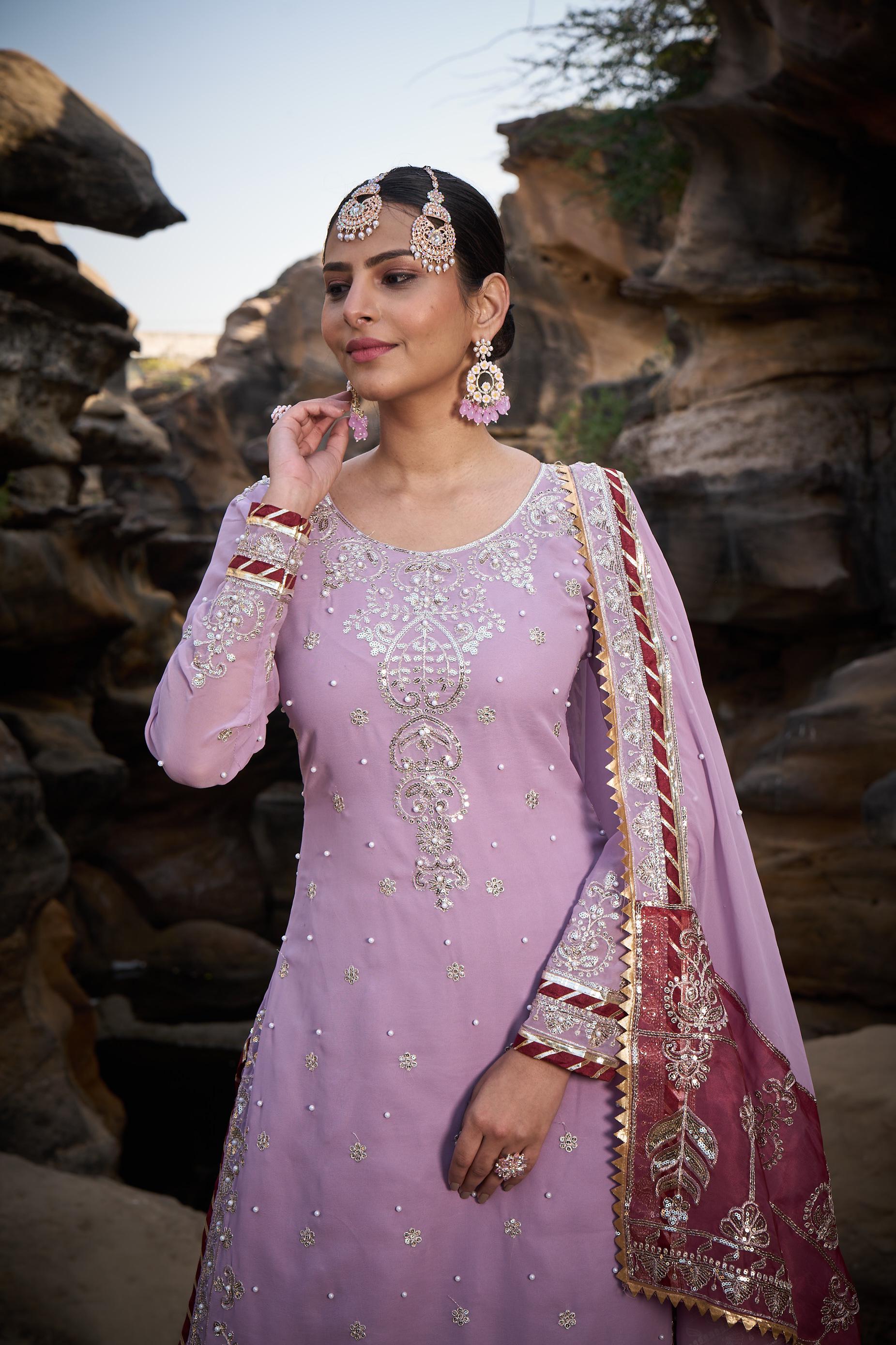 Wedding Wear Lavender Color Faux Georgette Thread With Sequence With Rivet Moti Designer Sharara Suit