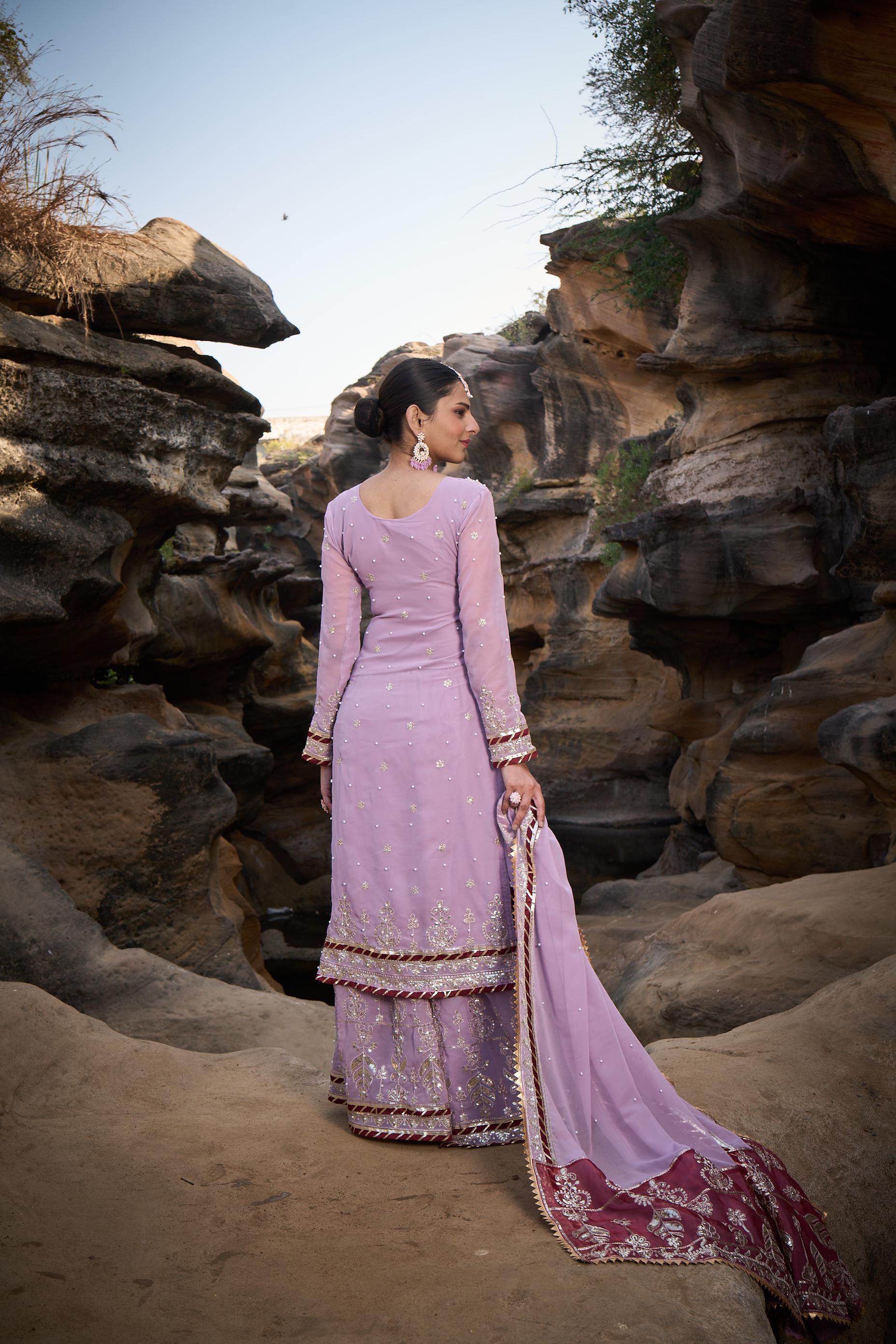 Wedding Wear Lavender Color Faux Georgette Thread With Sequence With Rivet Moti Designer Sharara Suit