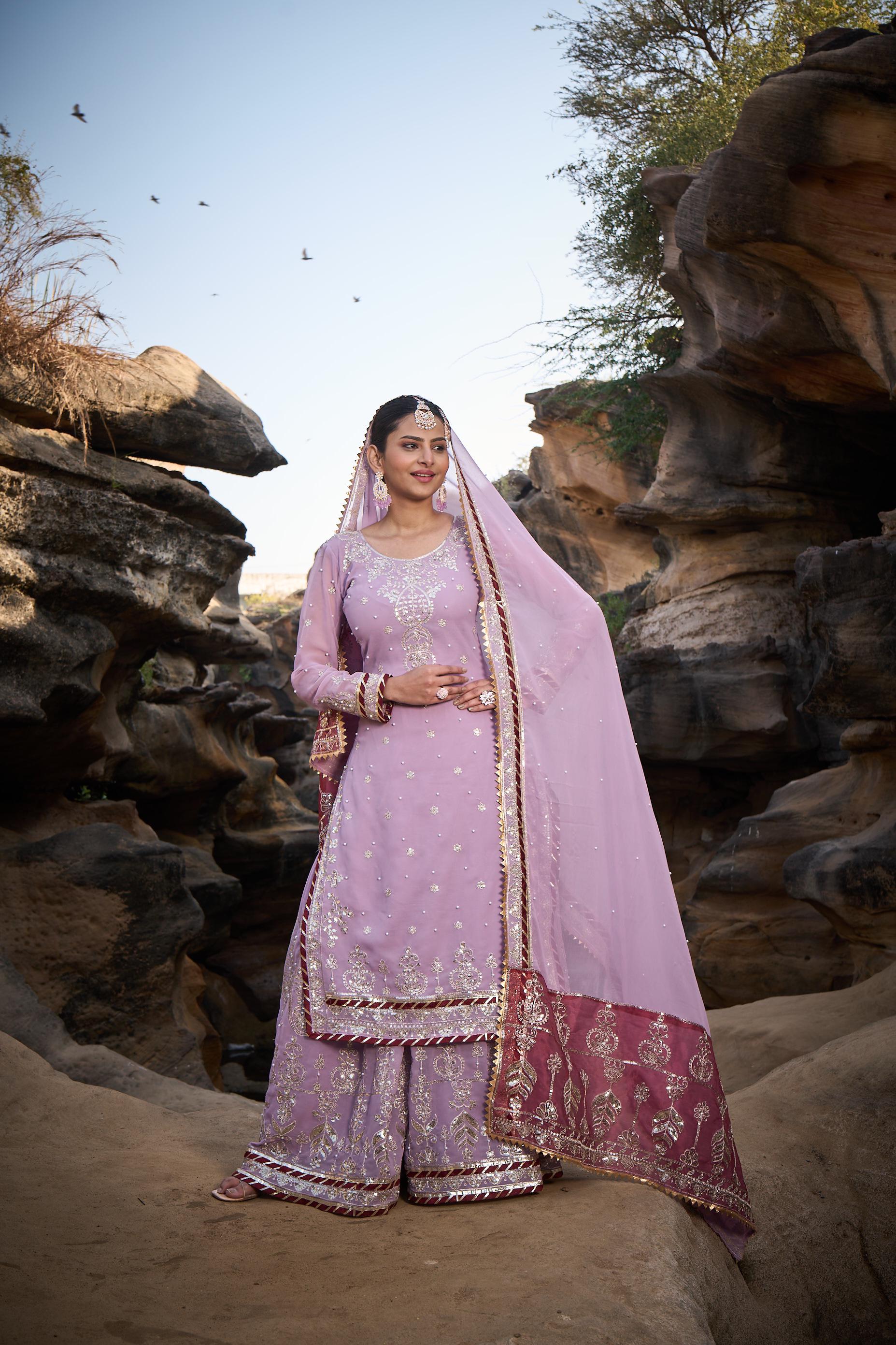 Wedding Wear Lavender Color Faux Georgette Thread With Sequence With Rivet Moti Designer Sharara Suit