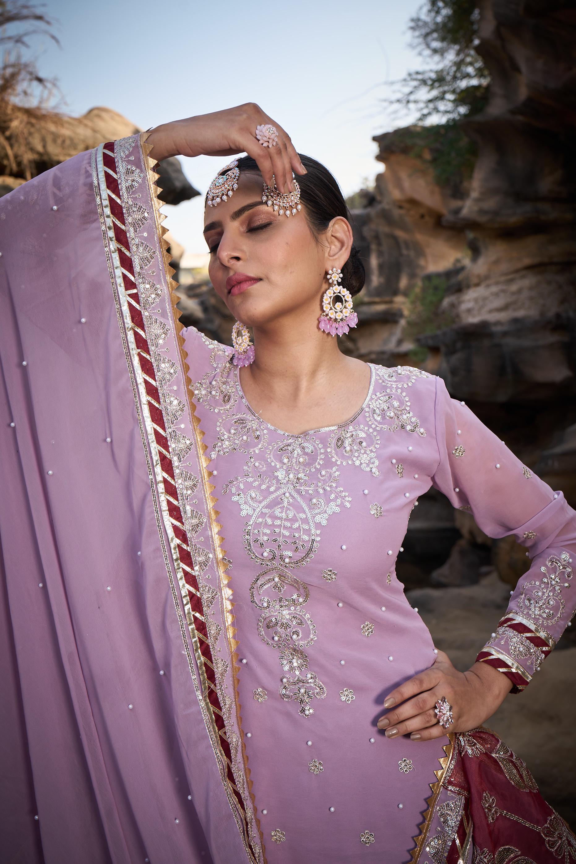 Wedding Wear Lavender Color Faux Georgette Thread With Sequence With Rivet Moti Designer Sharara Suit