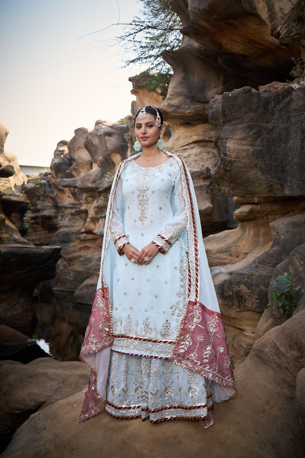 Wedding Wear Sky Blue Color Faux Georgette Thread With Sequence With Rivet Moti Designer Sharara Suit