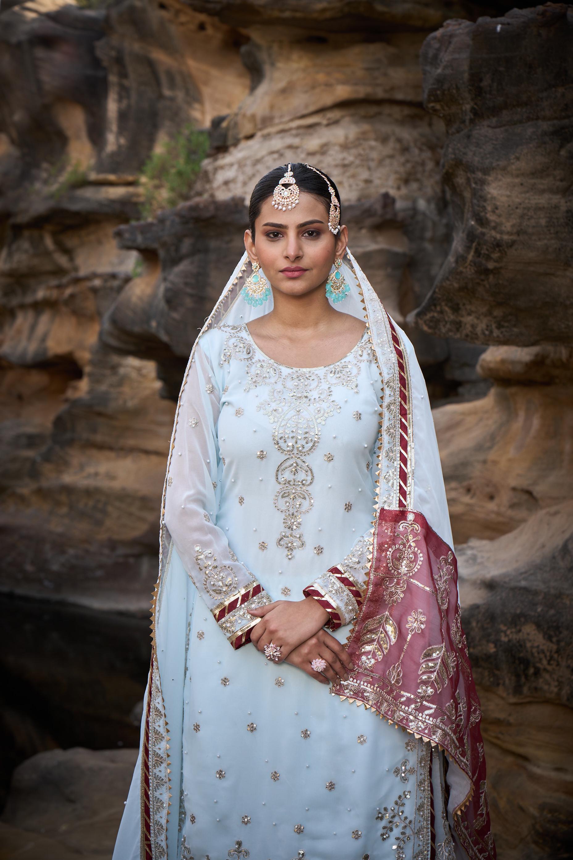 Wedding Wear Sky Blue Color Faux Georgette Thread With Sequence With Rivet Moti Designer Sharara Suit