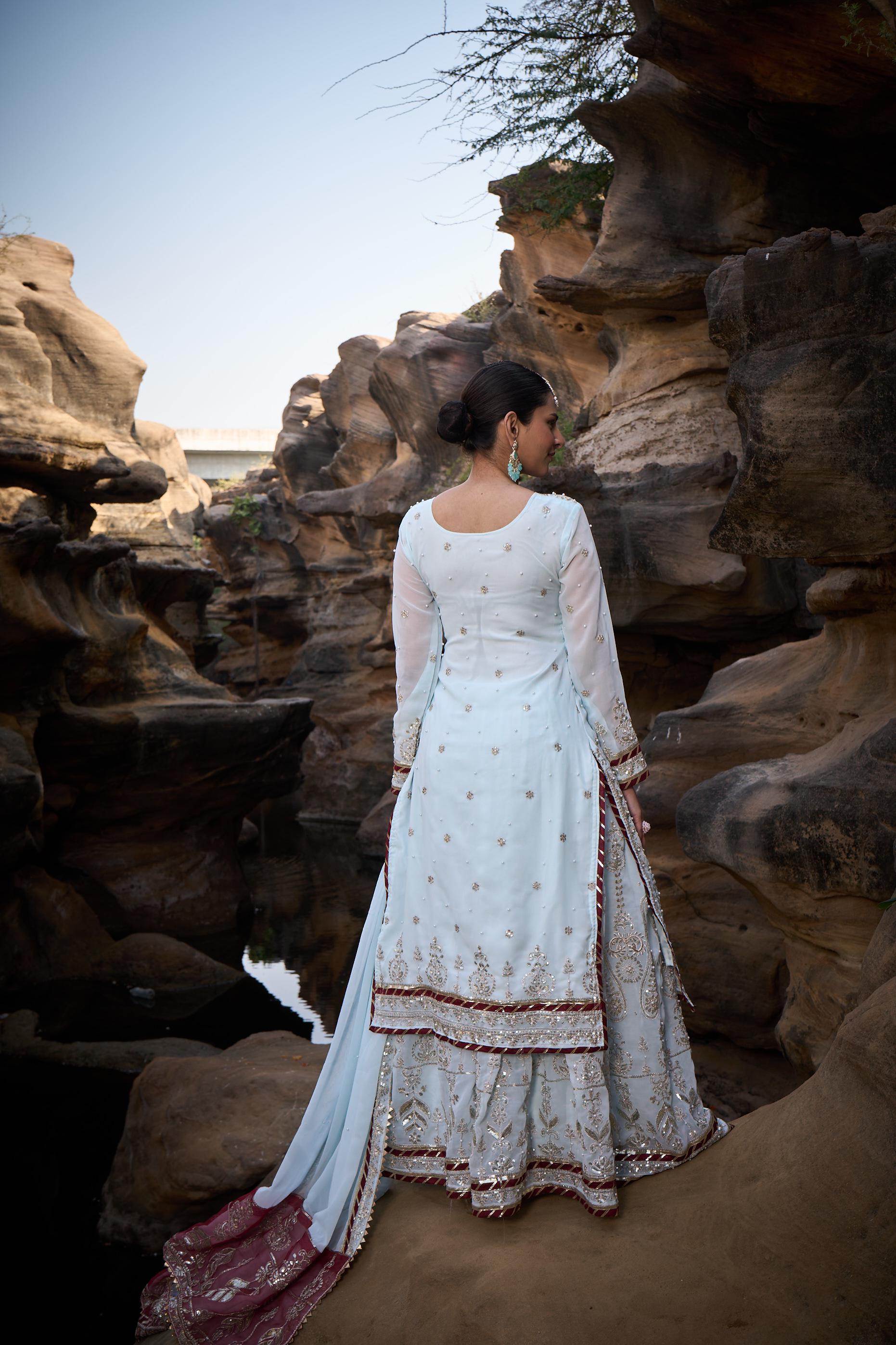 Wedding Wear Sky Blue Color Faux Georgette Thread With Sequence With Rivet Moti Designer Sharara Suit
