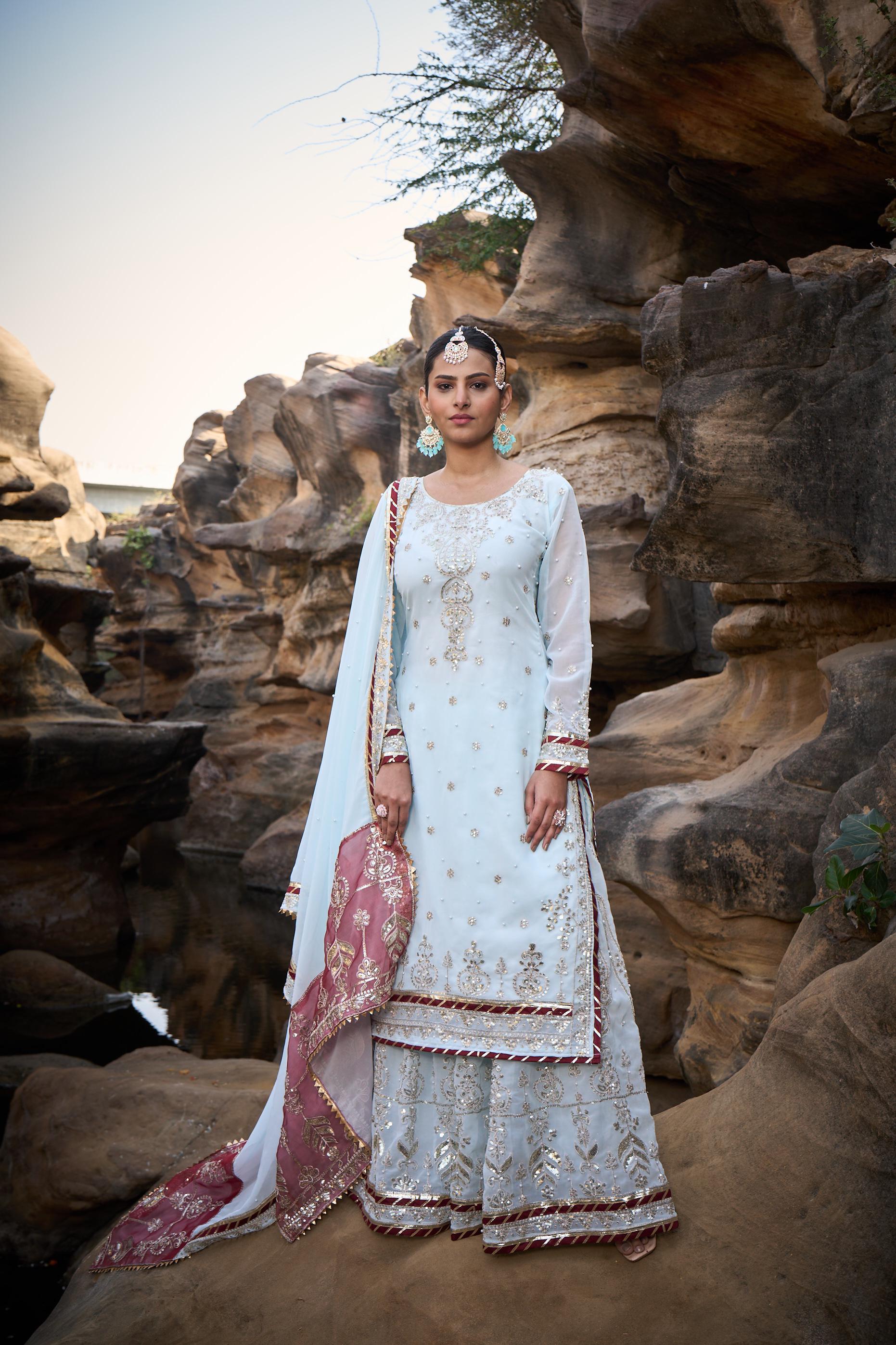 Wedding Wear Sky Blue Color Faux Georgette Thread With Sequence With Rivet Moti Designer Sharara Suit