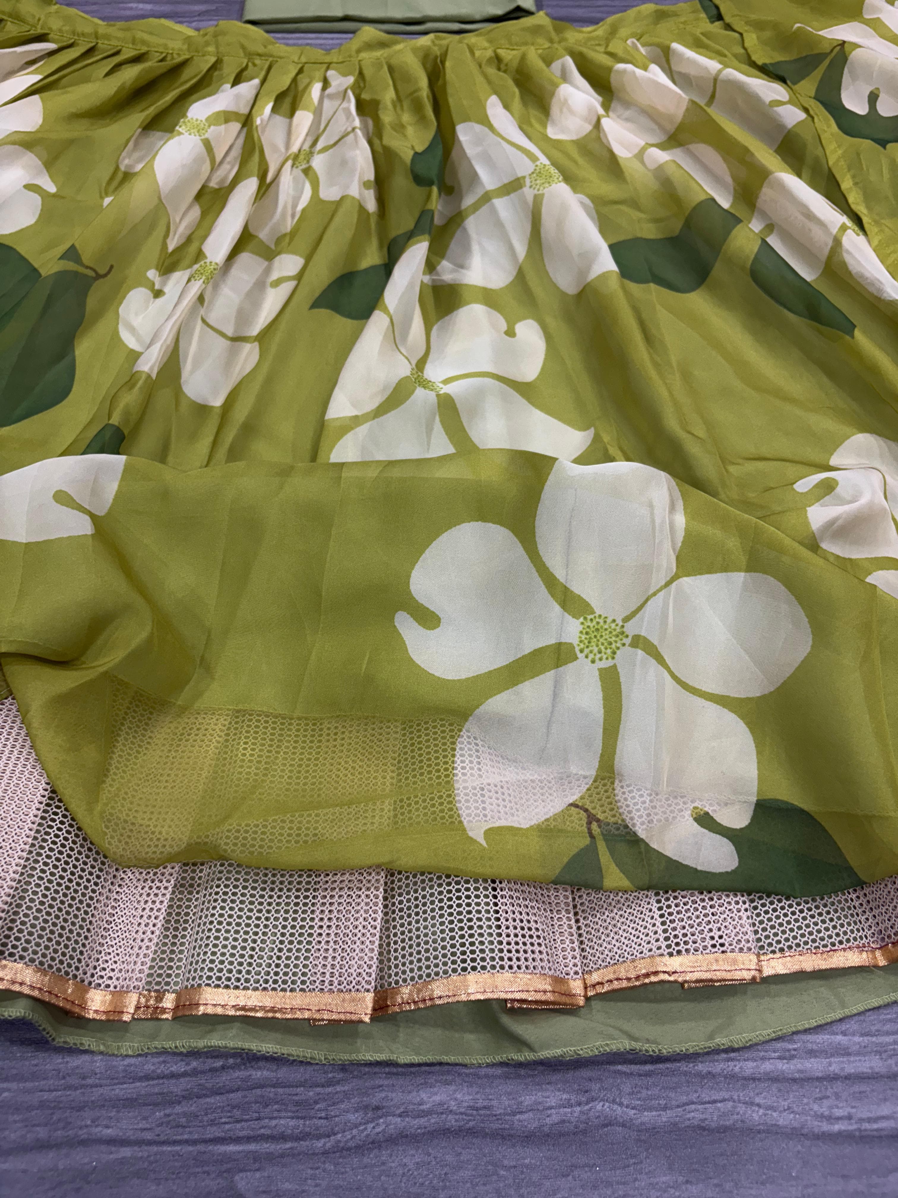 Lamon Green Taby Silk With Beautiful Floral Print With Heavy Cancan Beautiful Lehenga Choli
