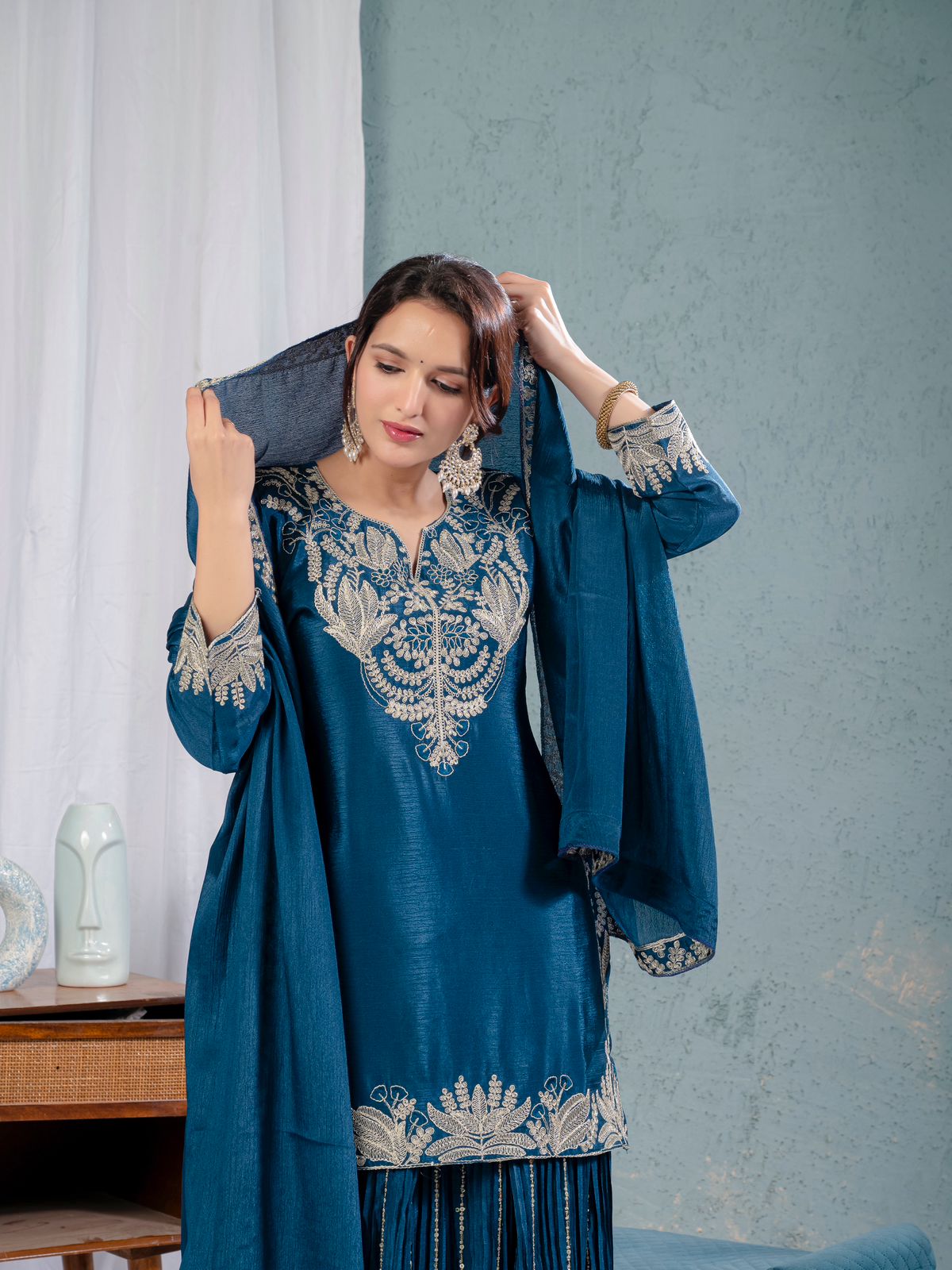 Luxuriant Teal Blue Color Pure Heavy Chinon Silk With Heavy Embroidery Coding Sequence Work Sharara Suit