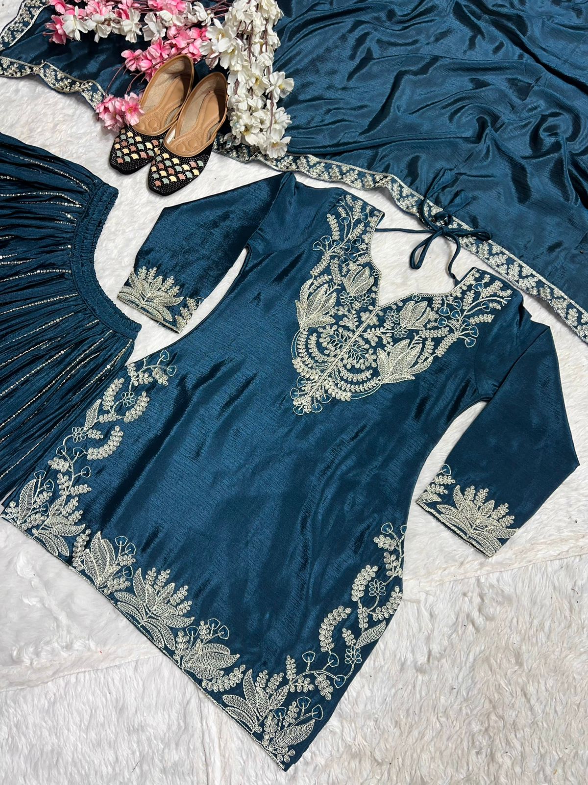 Luxuriant Teal Blue Color Pure Heavy Chinon Silk With Heavy Embroidery Coding Sequence Work Sharara Suit