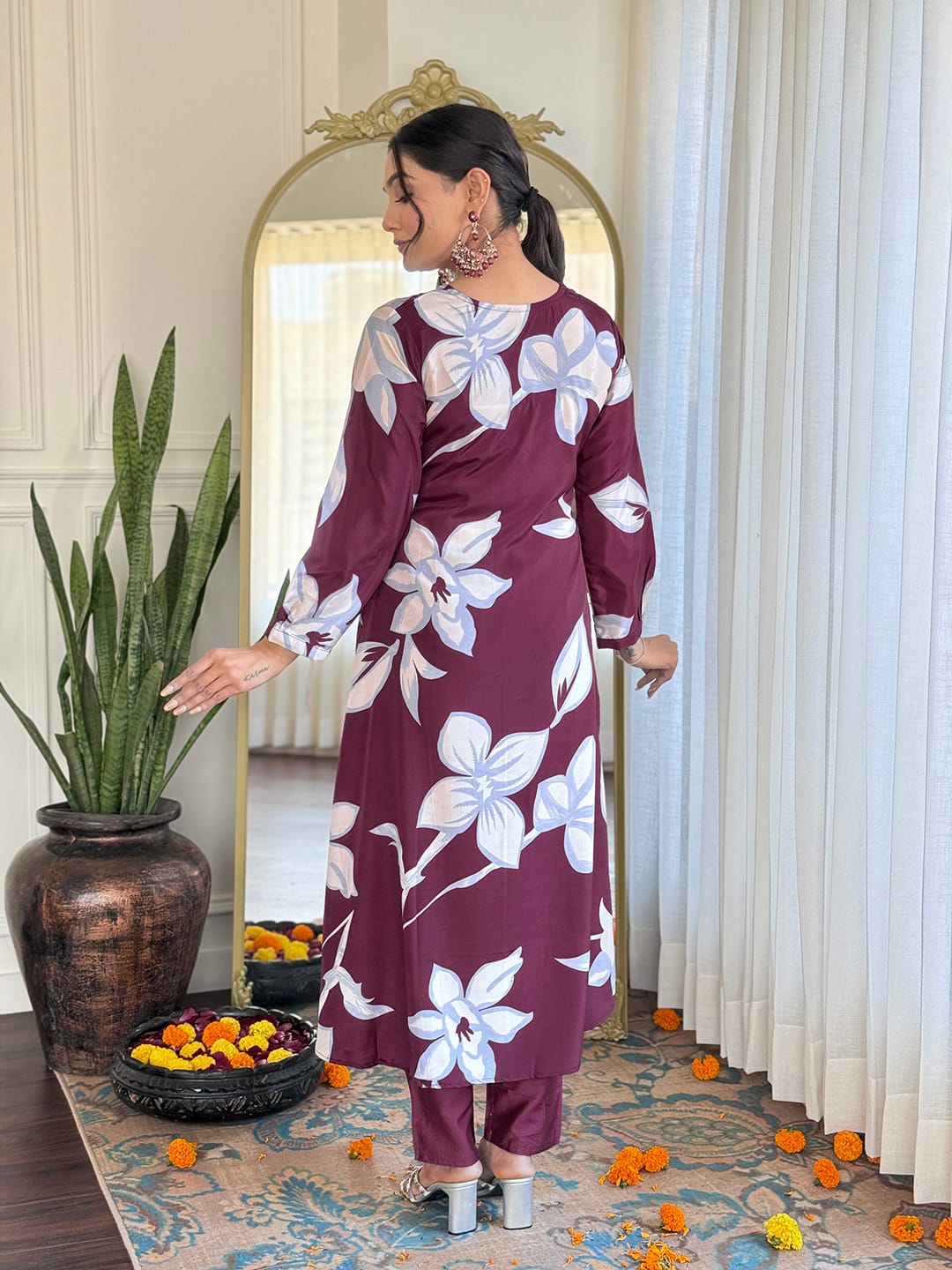 Graceful Wine Color French Crepe Printed With Embroidery Work Beautiful Kurta Set