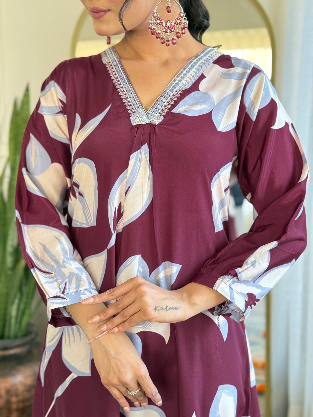 Graceful Wine Color French Crepe Printed With Embroidery Work Beautiful Kurta Set