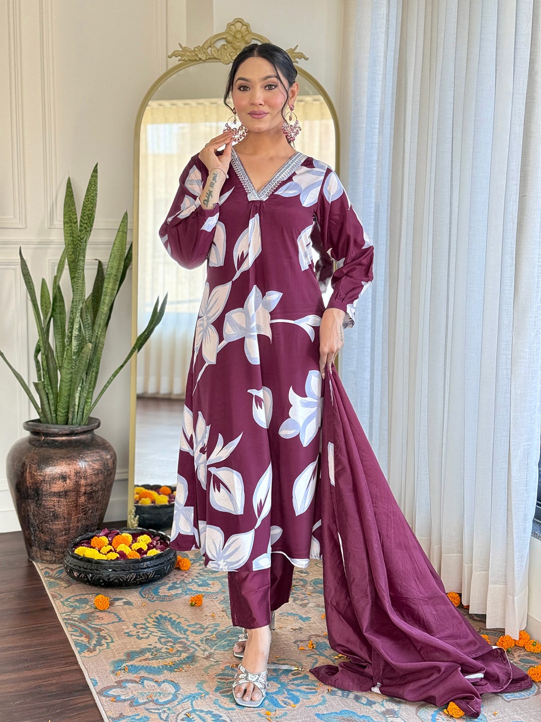 Graceful Wine Color French Crepe Printed With Embroidery Work Beautiful Kurta Set