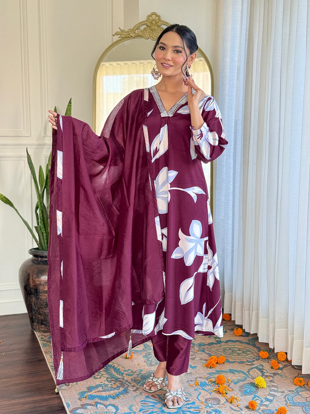 Graceful Wine Color French Crepe Printed With Embroidery Work Beautiful Kurta Set