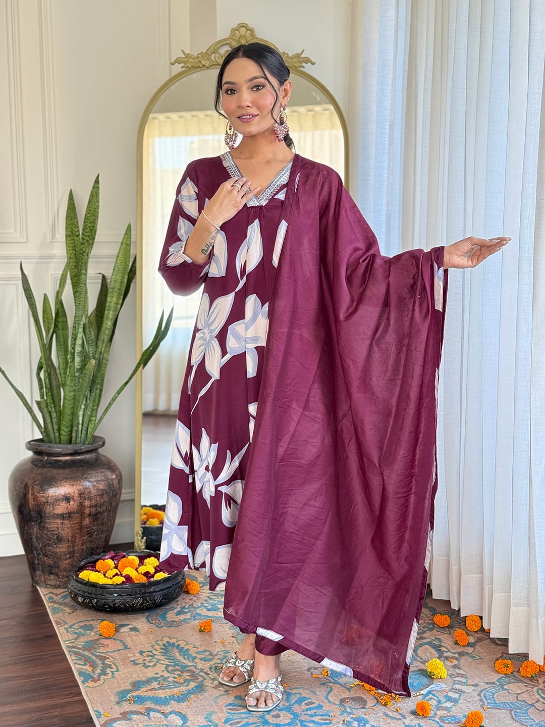 Graceful Wine Color French Crepe Printed With Embroidery Work Beautiful Kurta Set