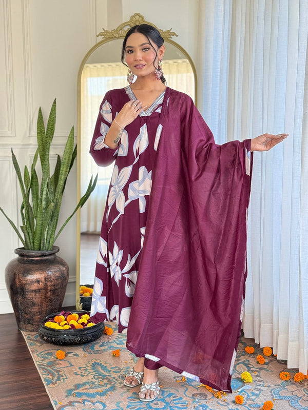 Graceful Wine Color French Crepe Printed With Embroidery Work Beautiful Kurta Set