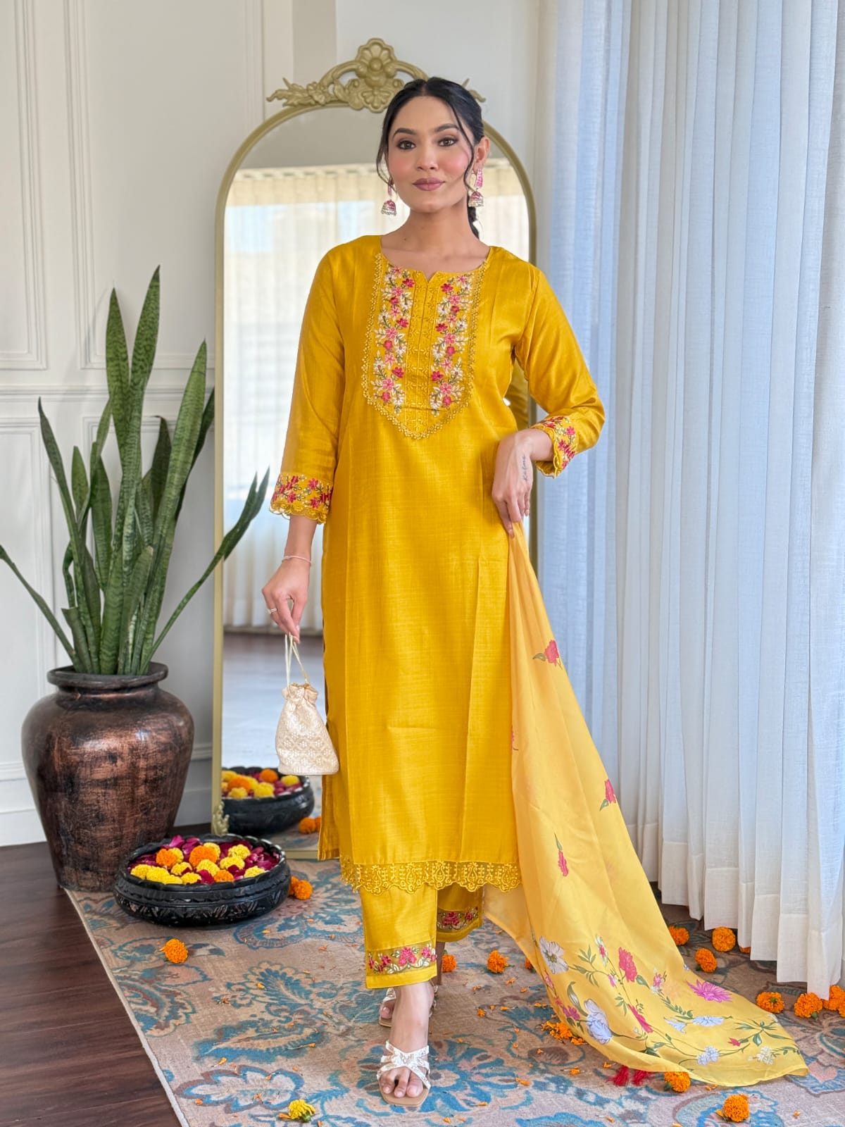 Imposing Mustard Color Silk With Embroidery Work Designer Kurta Set