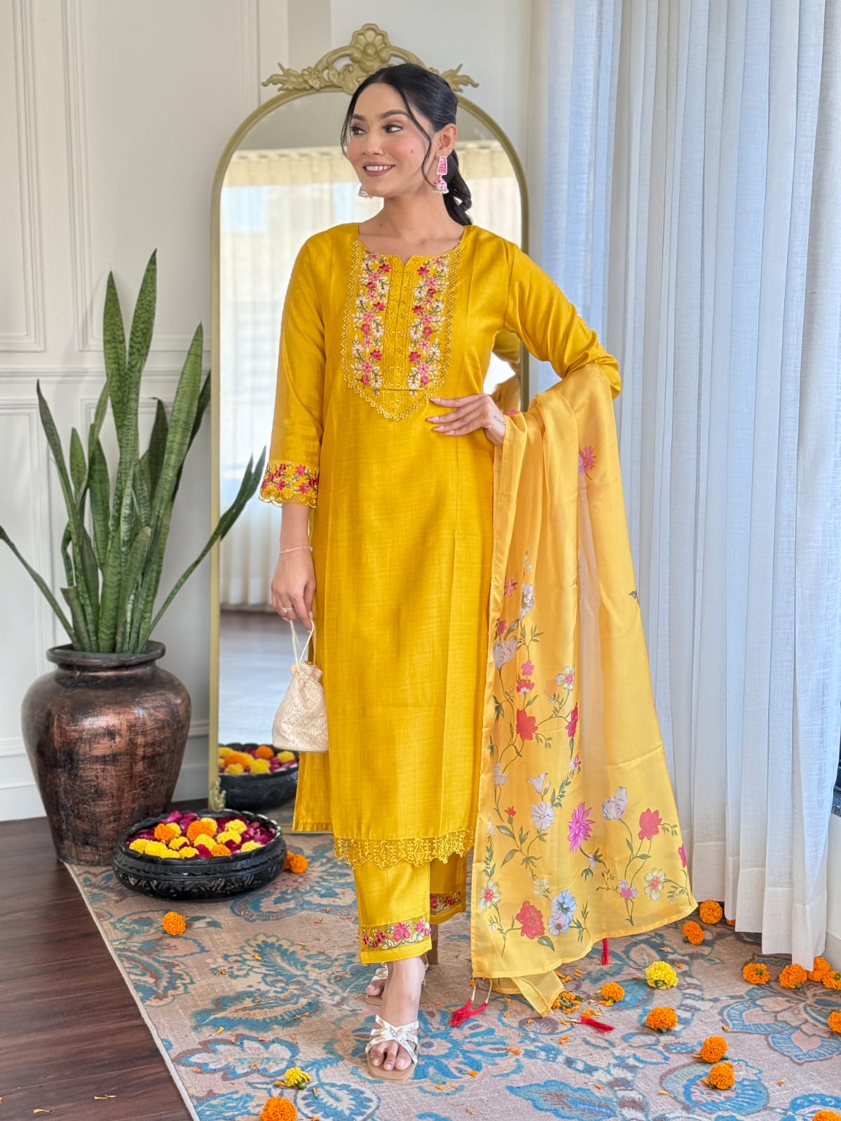 Imposing Mustard Color Silk With Embroidery Work Designer Kurta Set