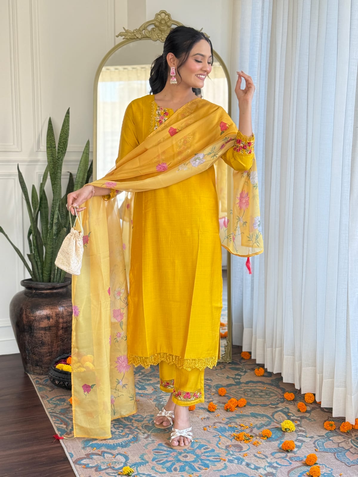 Imposing Mustard Color Silk With Embroidery Work Designer Kurta Set