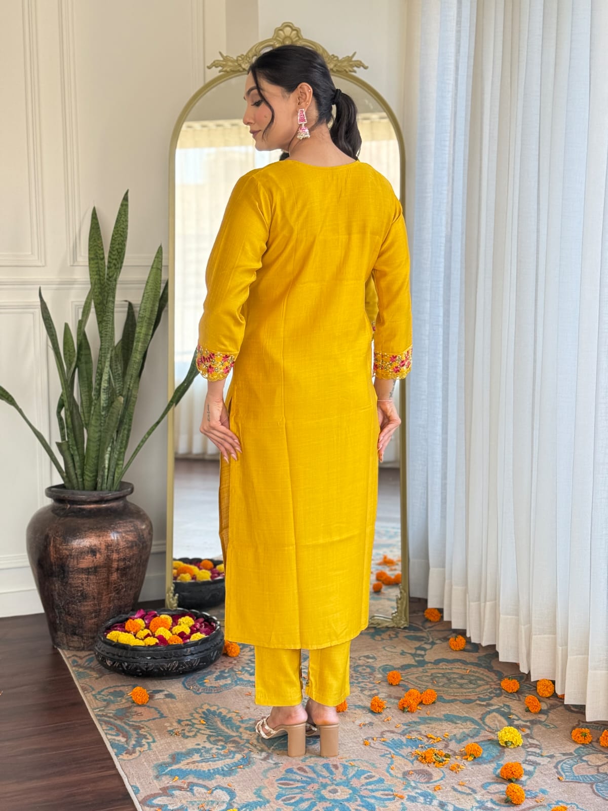 Imposing Mustard Color Silk With Embroidery Work Designer Kurta Set