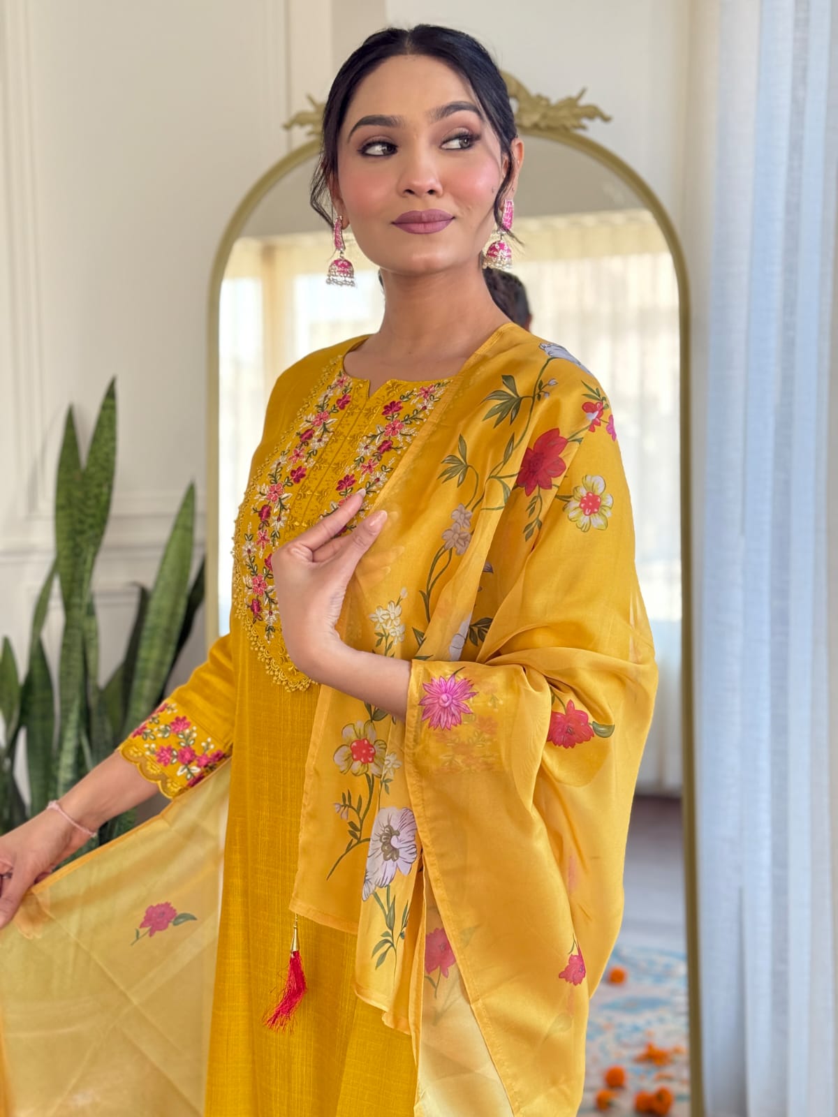 Imposing Mustard Color Silk With Embroidery Work Designer Kurta Set