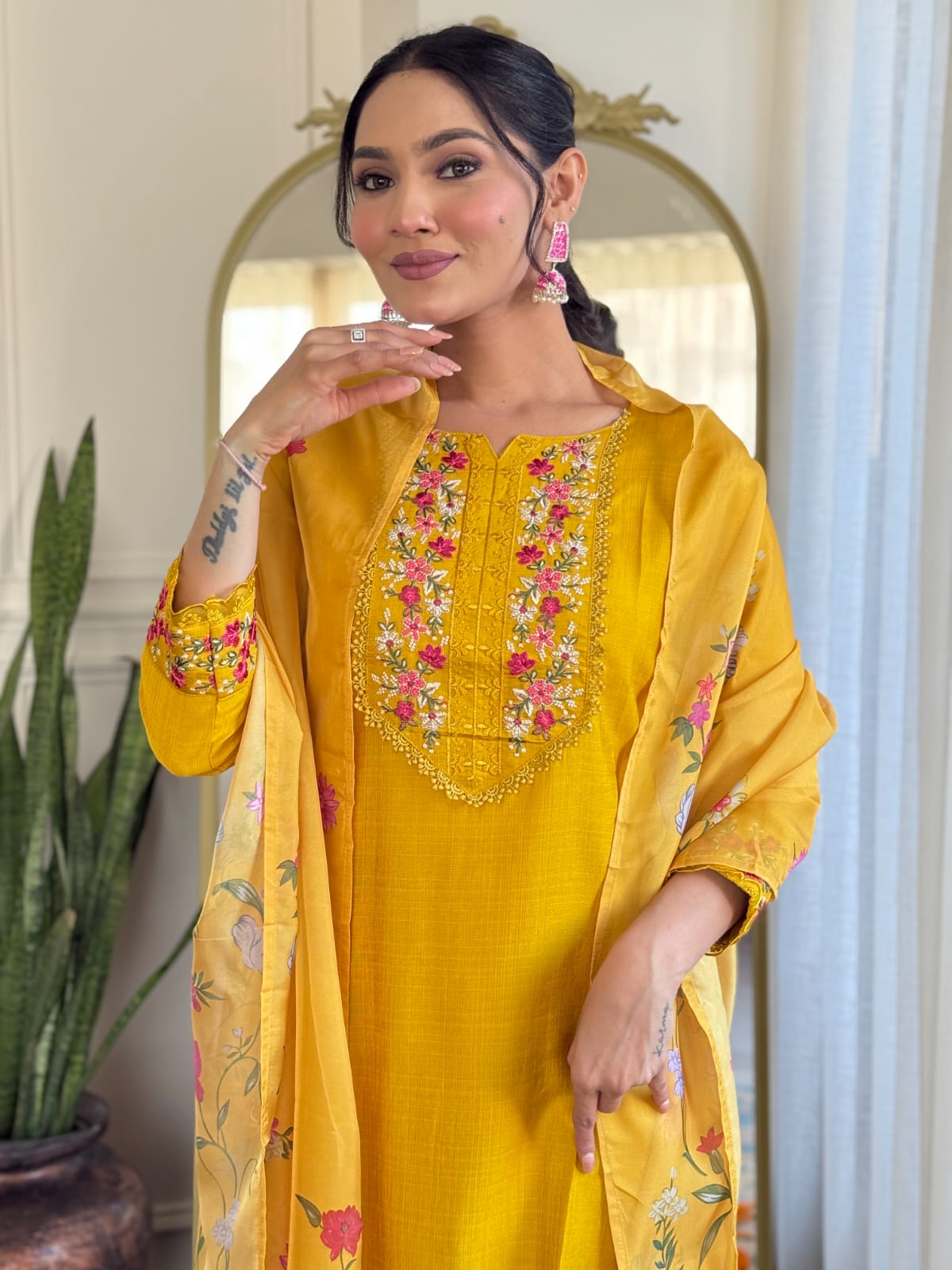 Imposing Mustard Color Silk With Embroidery Work Designer Kurta Set