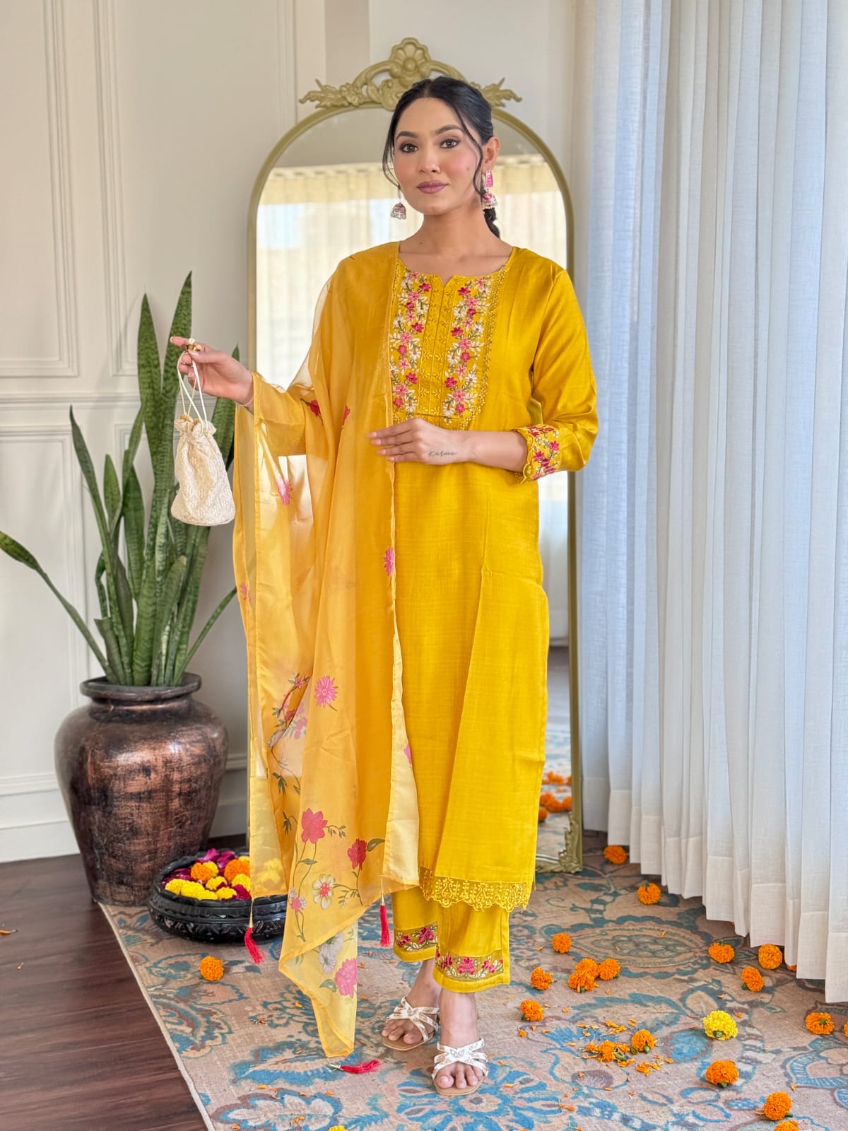 Imposing Mustard Color Silk With Embroidery Work Designer Kurta Set