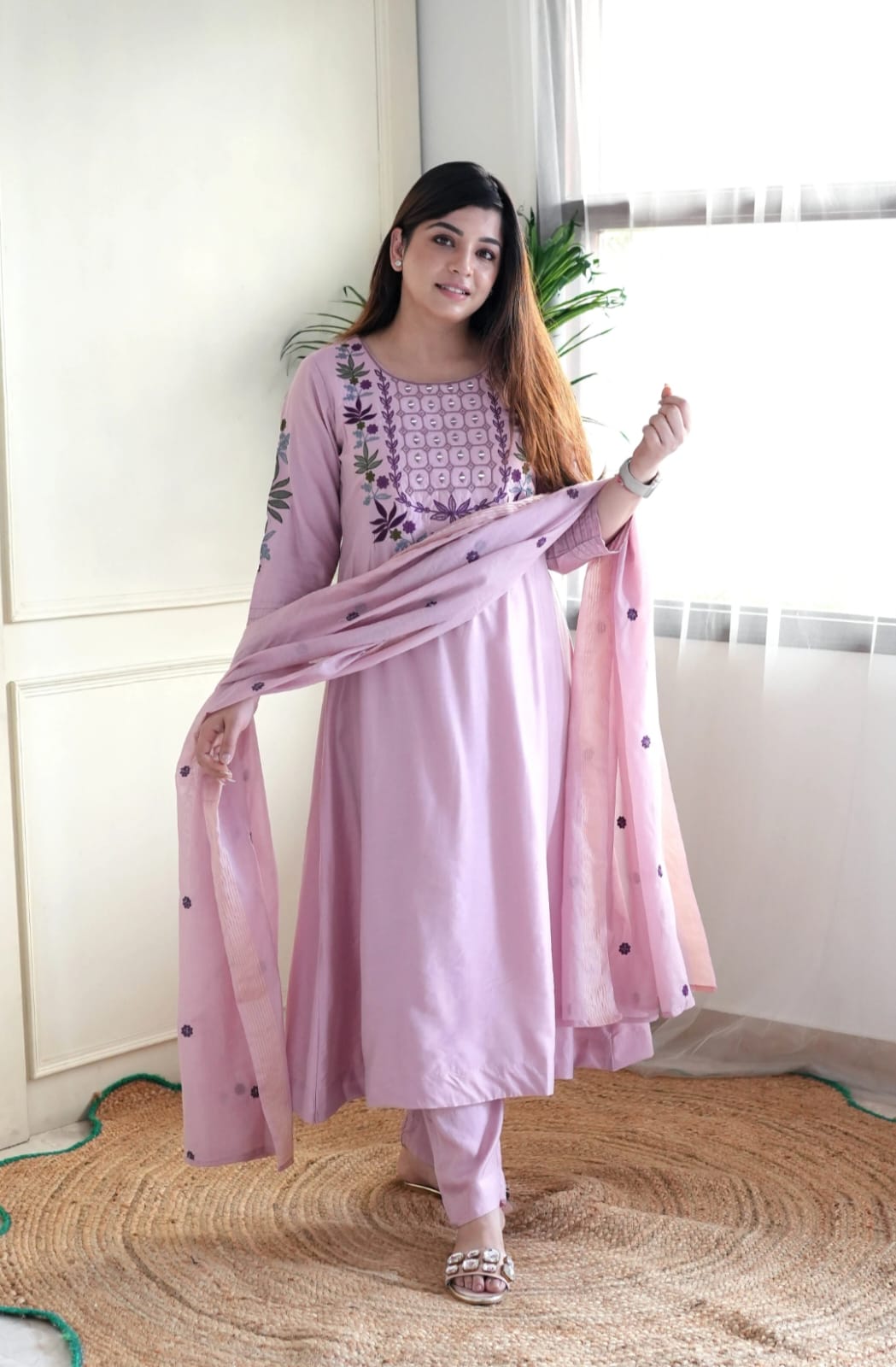 Party Wear Lavender Color Chanderi Silk With Embroidery Work Designer Kurta Set