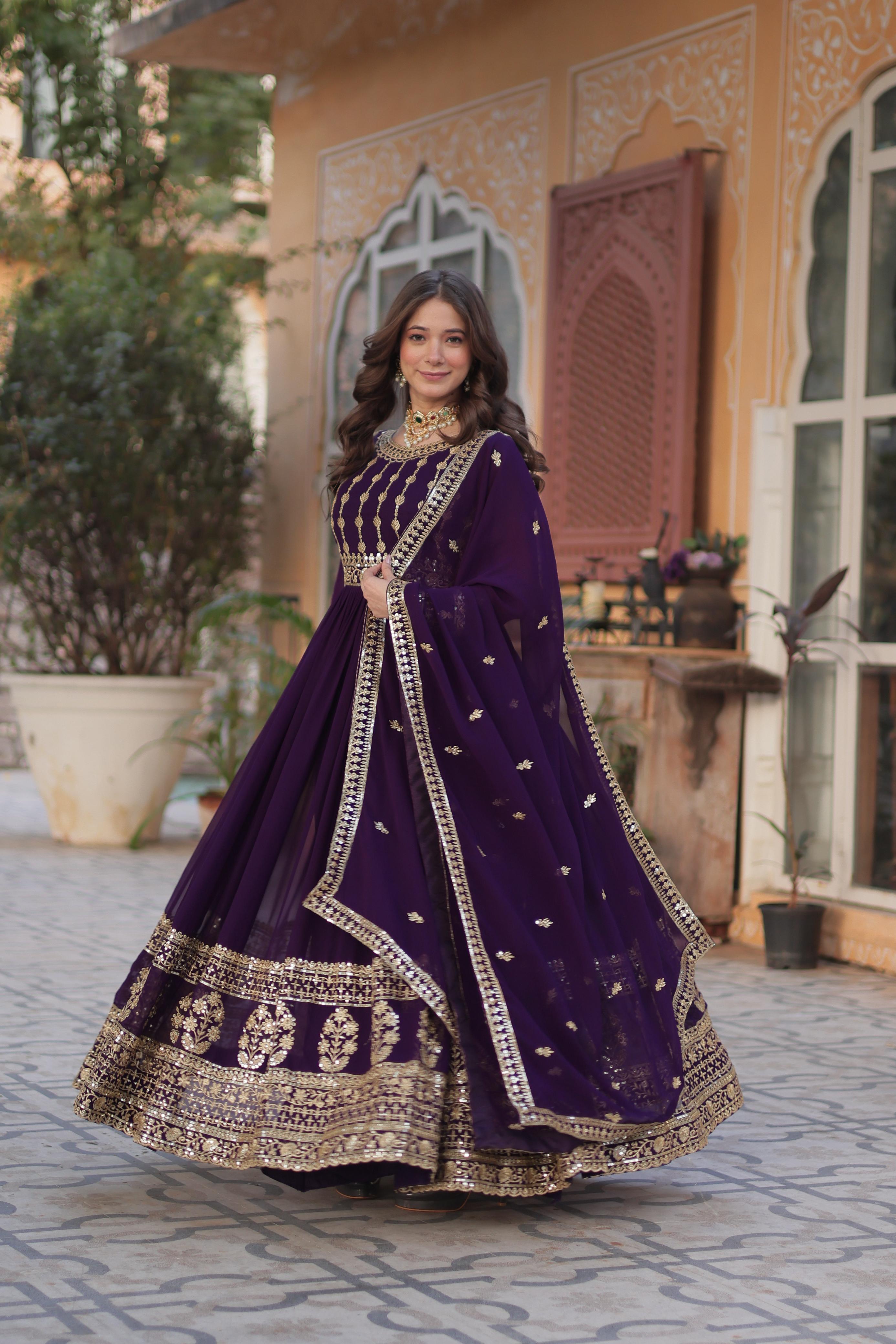 Fashionable Purple Color Faux Blooming With Embroidery Zari Sequins Work Designer Gown