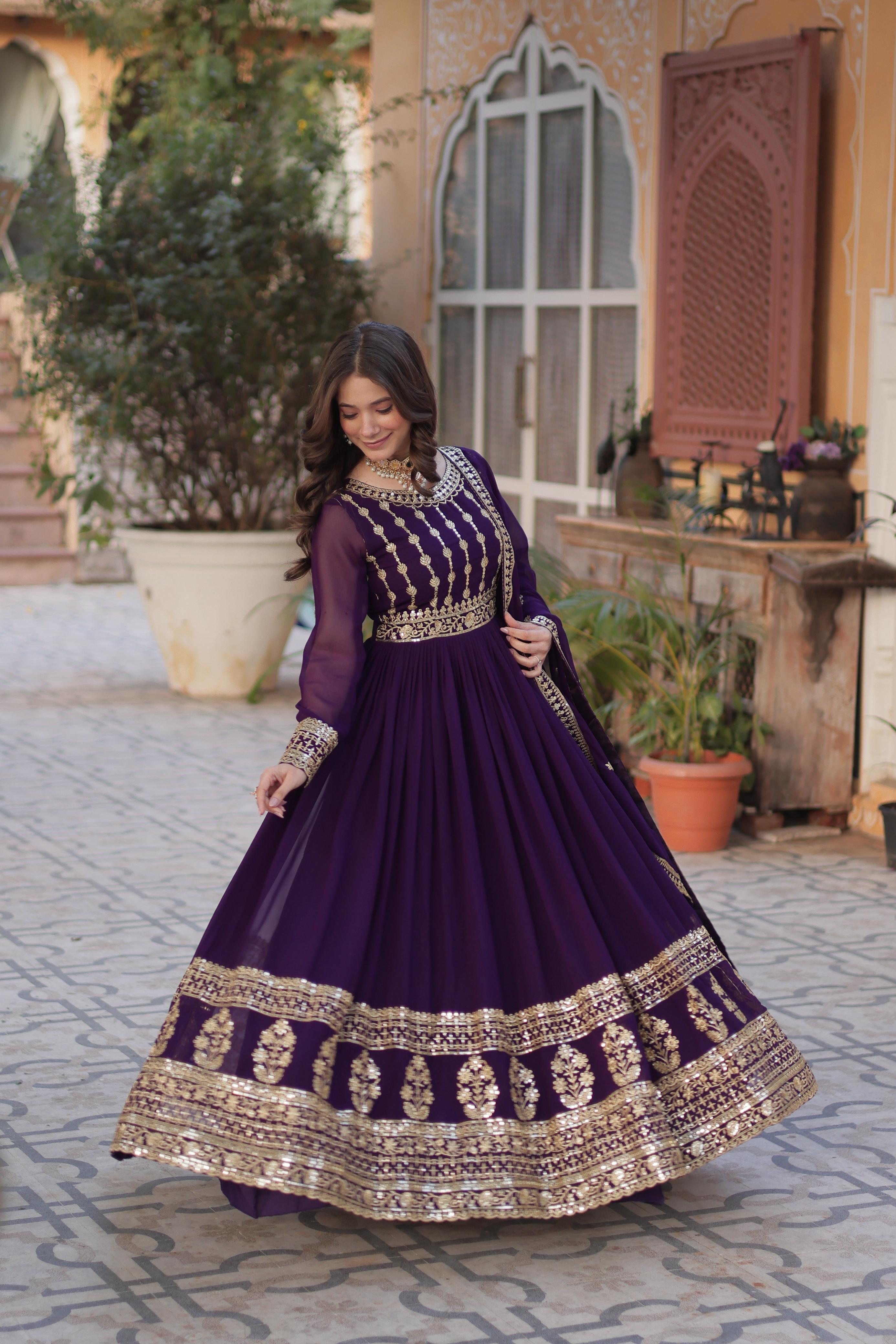 Fashionable Purple Color Faux Blooming With Embroidery Zari Sequins Work Designer Gown