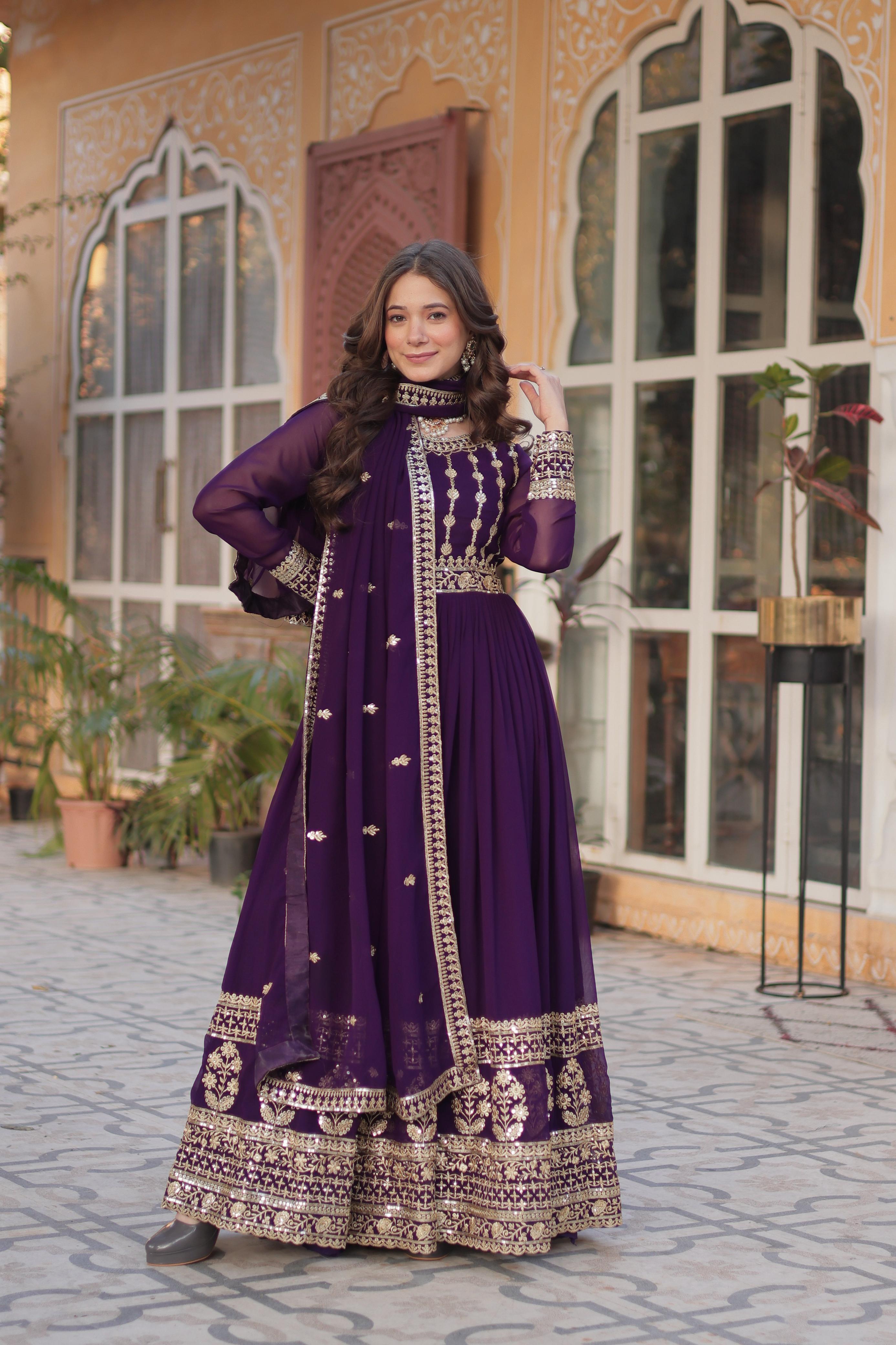 Fashionable Purple Color Faux Blooming With Embroidery Zari Sequins Work Designer Gown