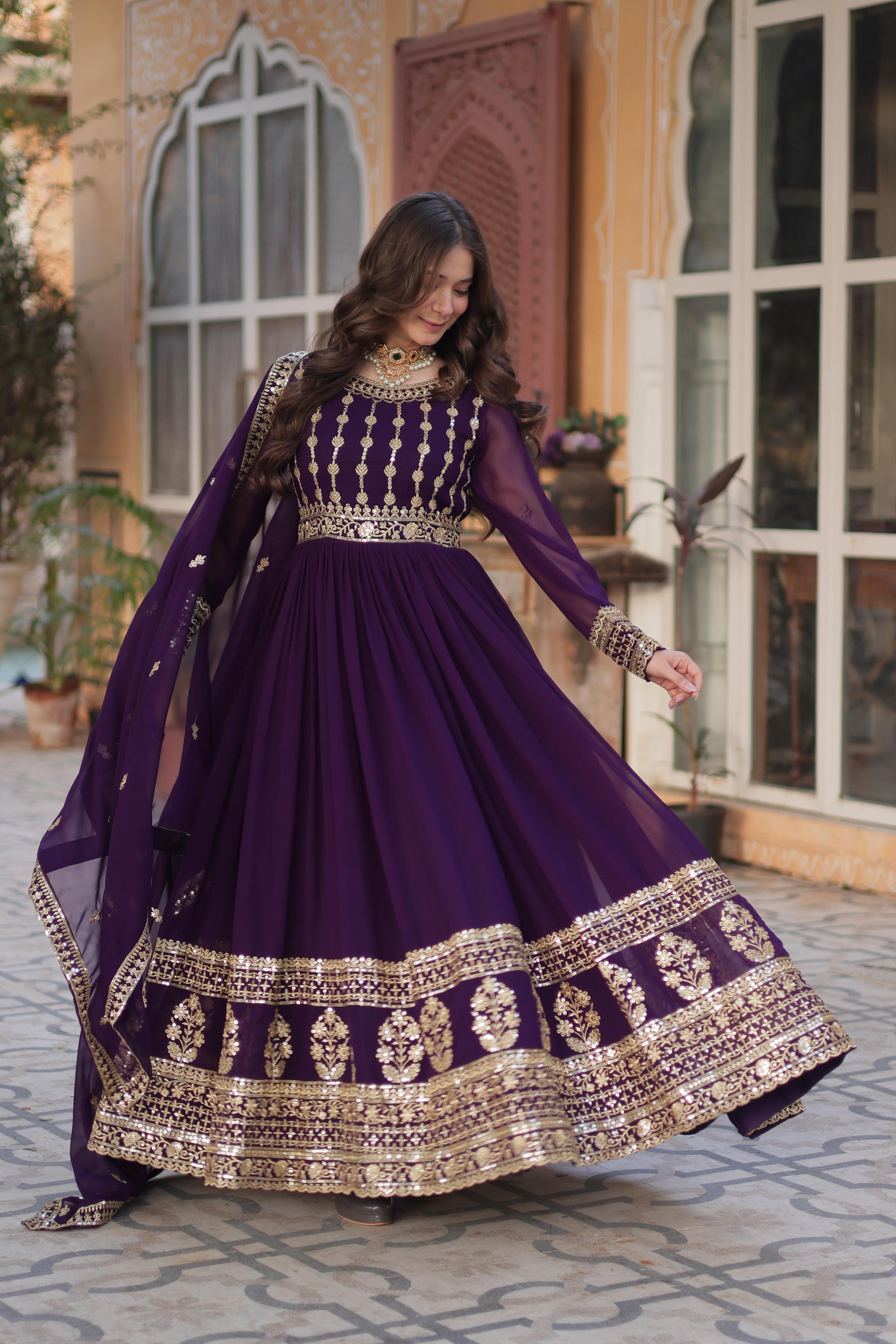 Fashionable Purple Color Faux Blooming With Embroidery Zari Sequins Work Designer Gown