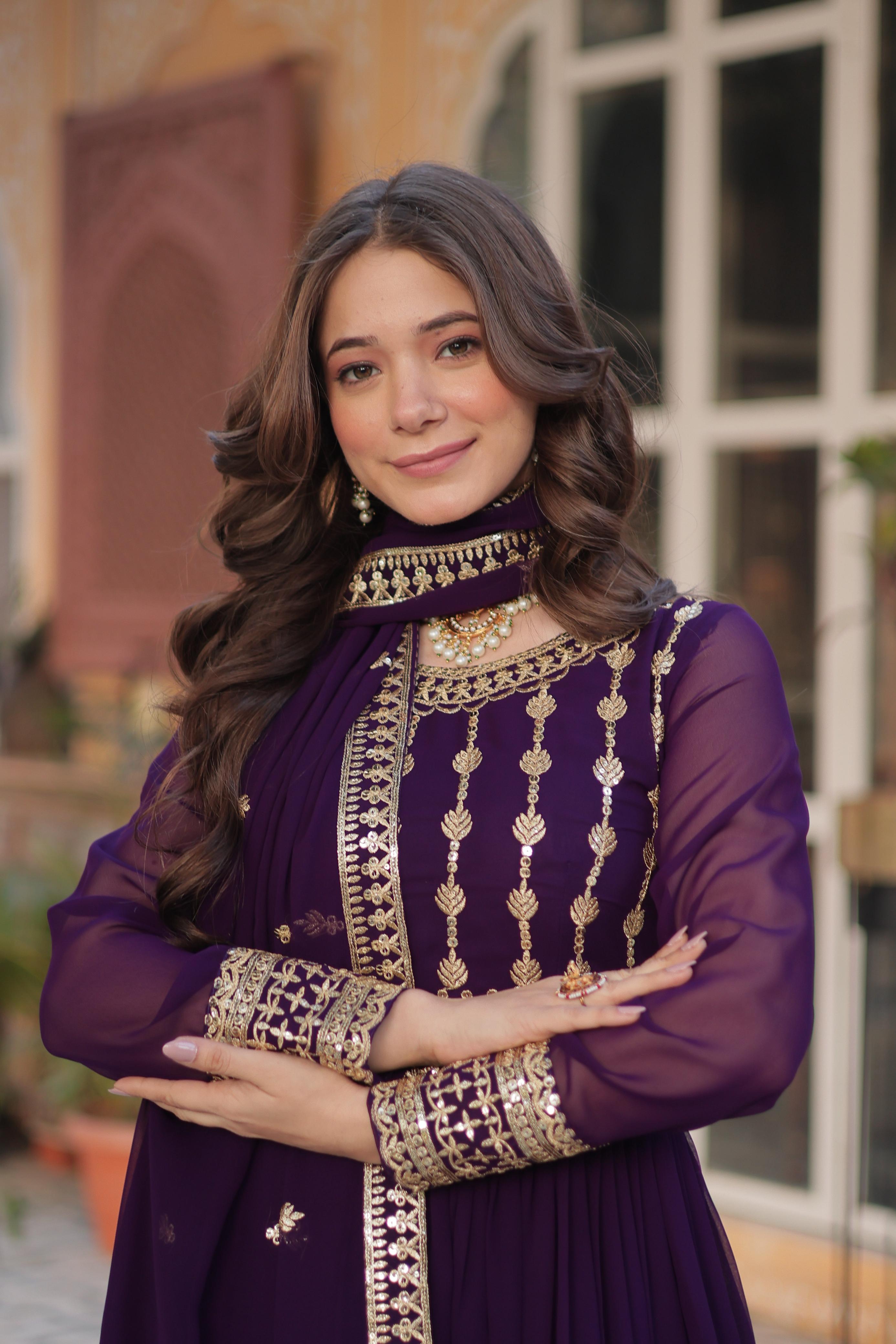 Fashionable Purple Color Faux Blooming With Embroidery Zari Sequins Work Designer Gown