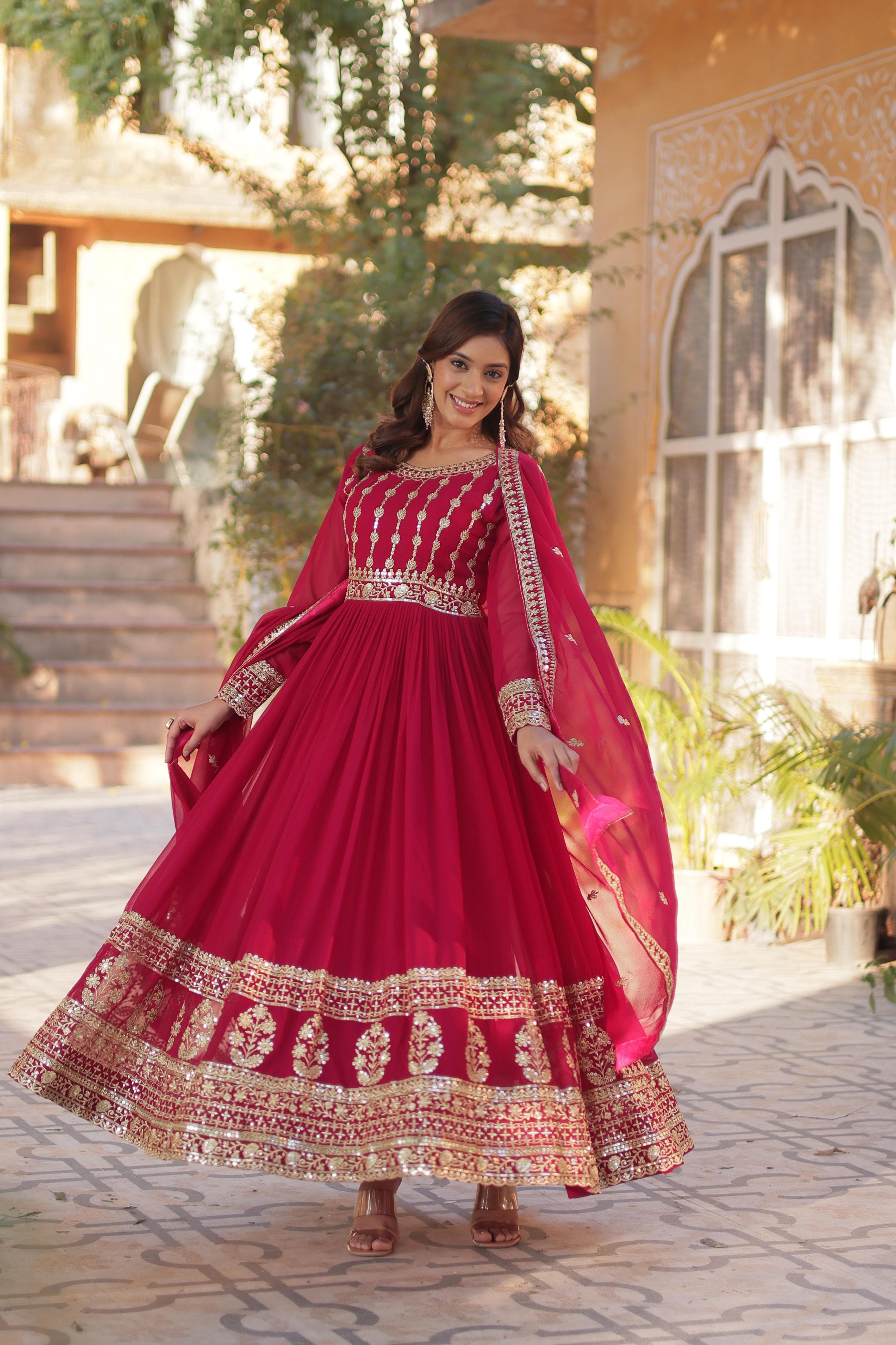 Fashionable Rani Pink Color Faux Blooming With Embroidery Zari Sequins Work Designer Gown