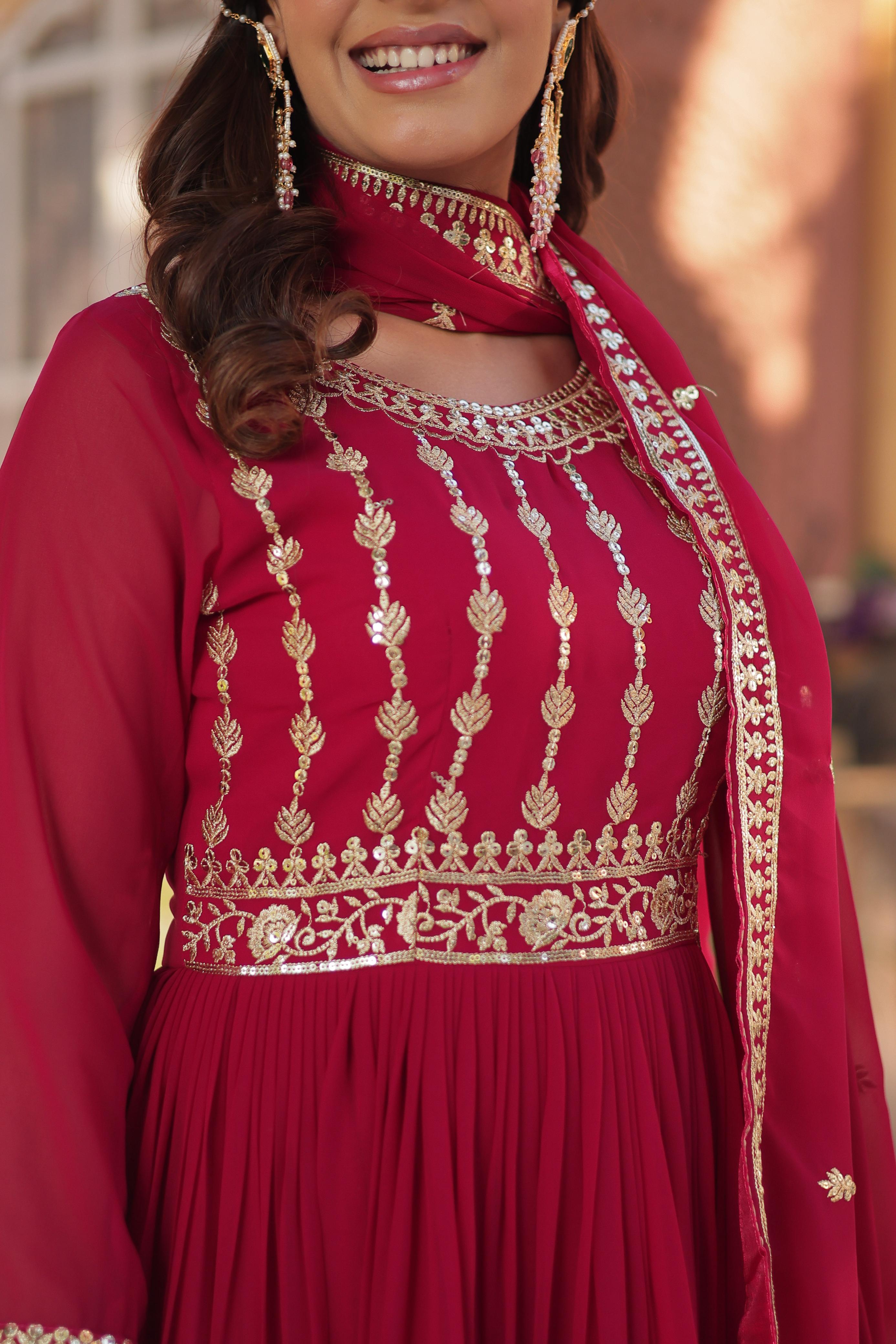 Fashionable Rani Pink Color Faux Blooming With Embroidery Zari Sequins Work Designer Gown