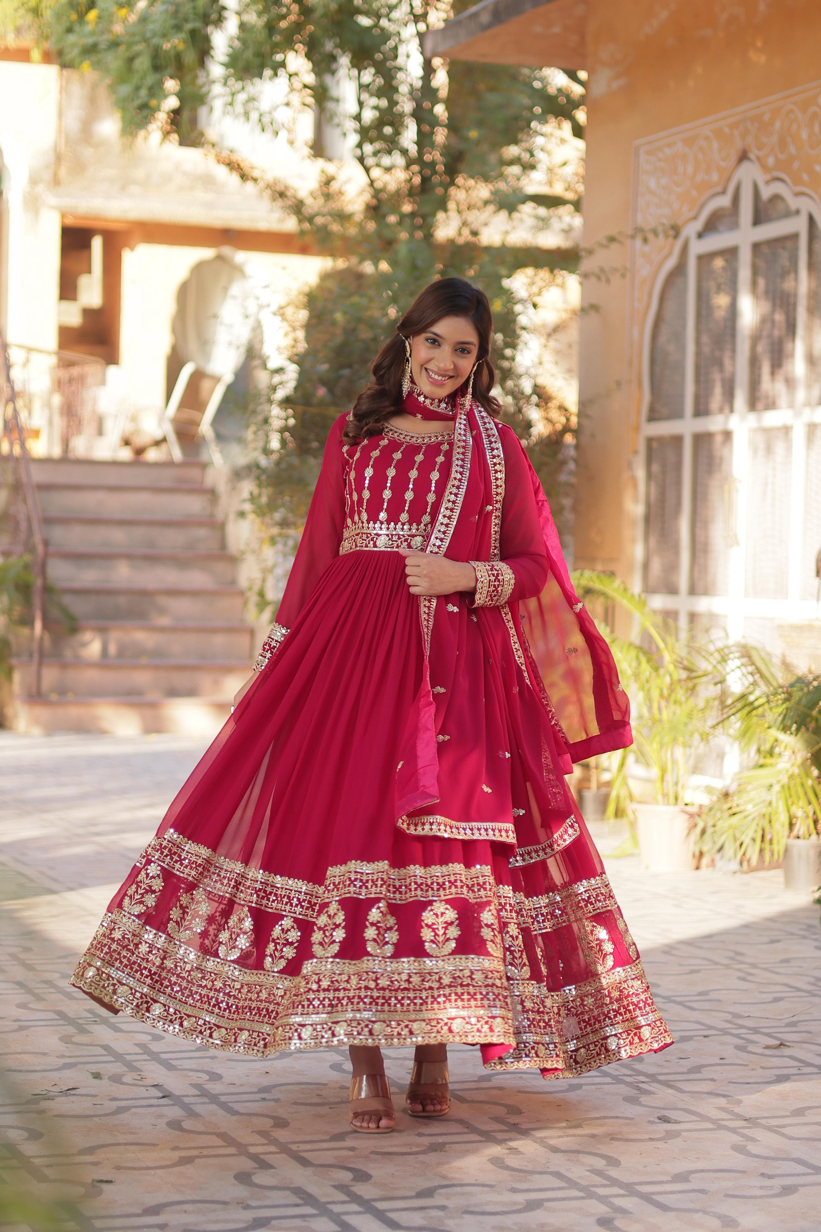 Fashionable Rani Pink Color Faux Blooming With Embroidery Zari Sequins Work Designer Gown