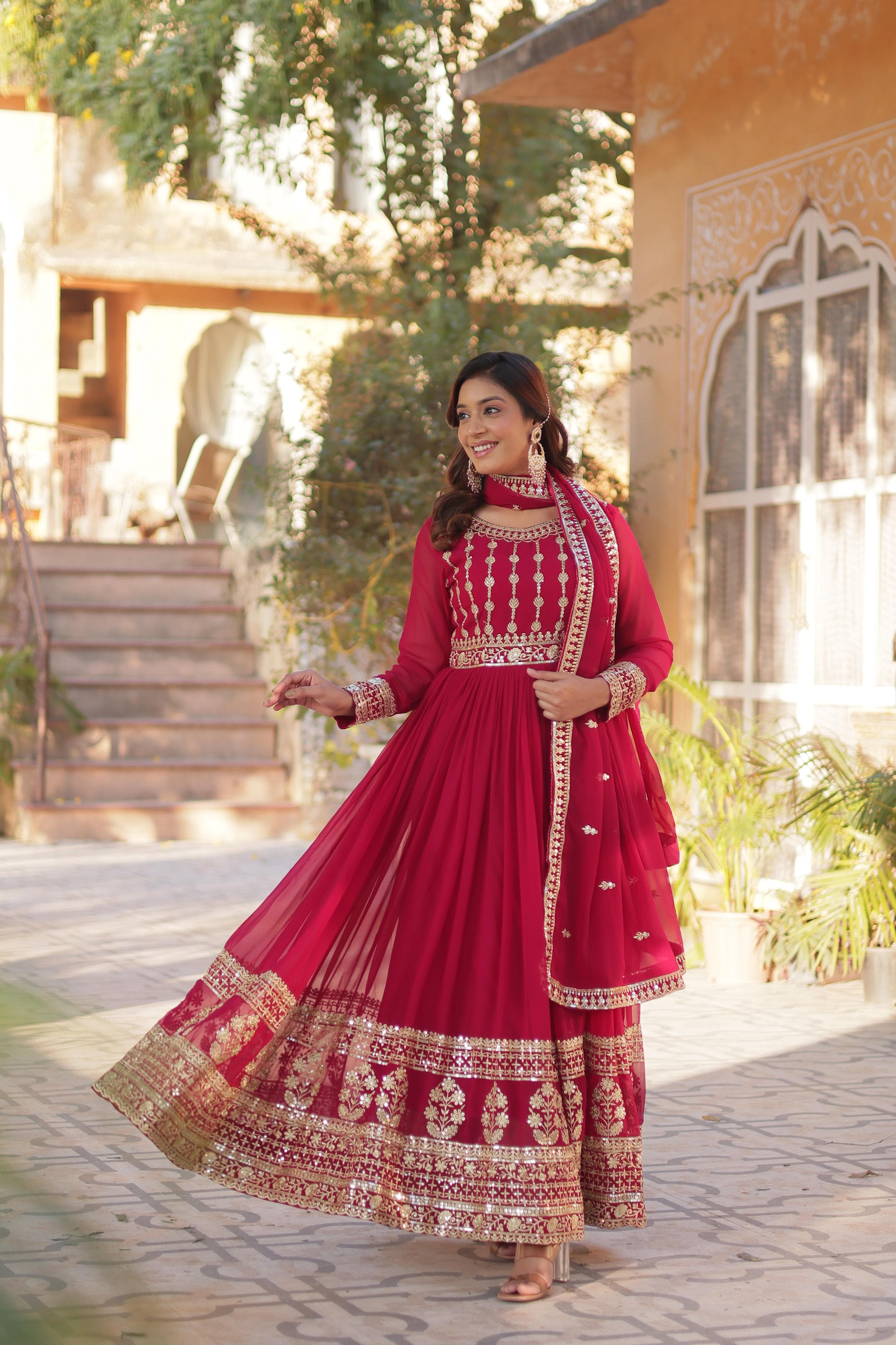 Fashionable Rani Pink Color Faux Blooming With Embroidery Zari Sequins Work Designer Gown