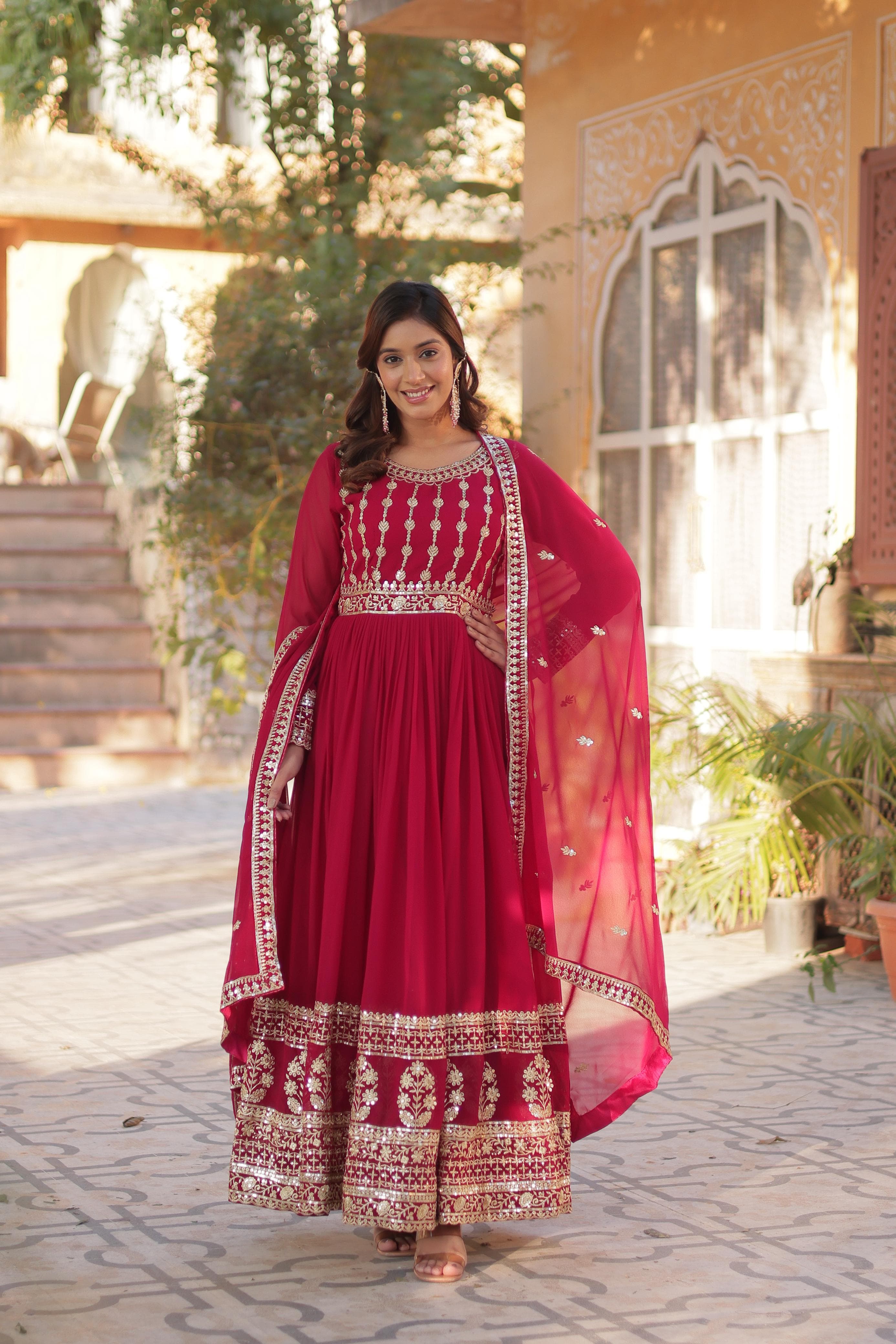 Fashionable Rani Pink Color Faux Blooming With Embroidery Zari Sequins Work Designer Gown