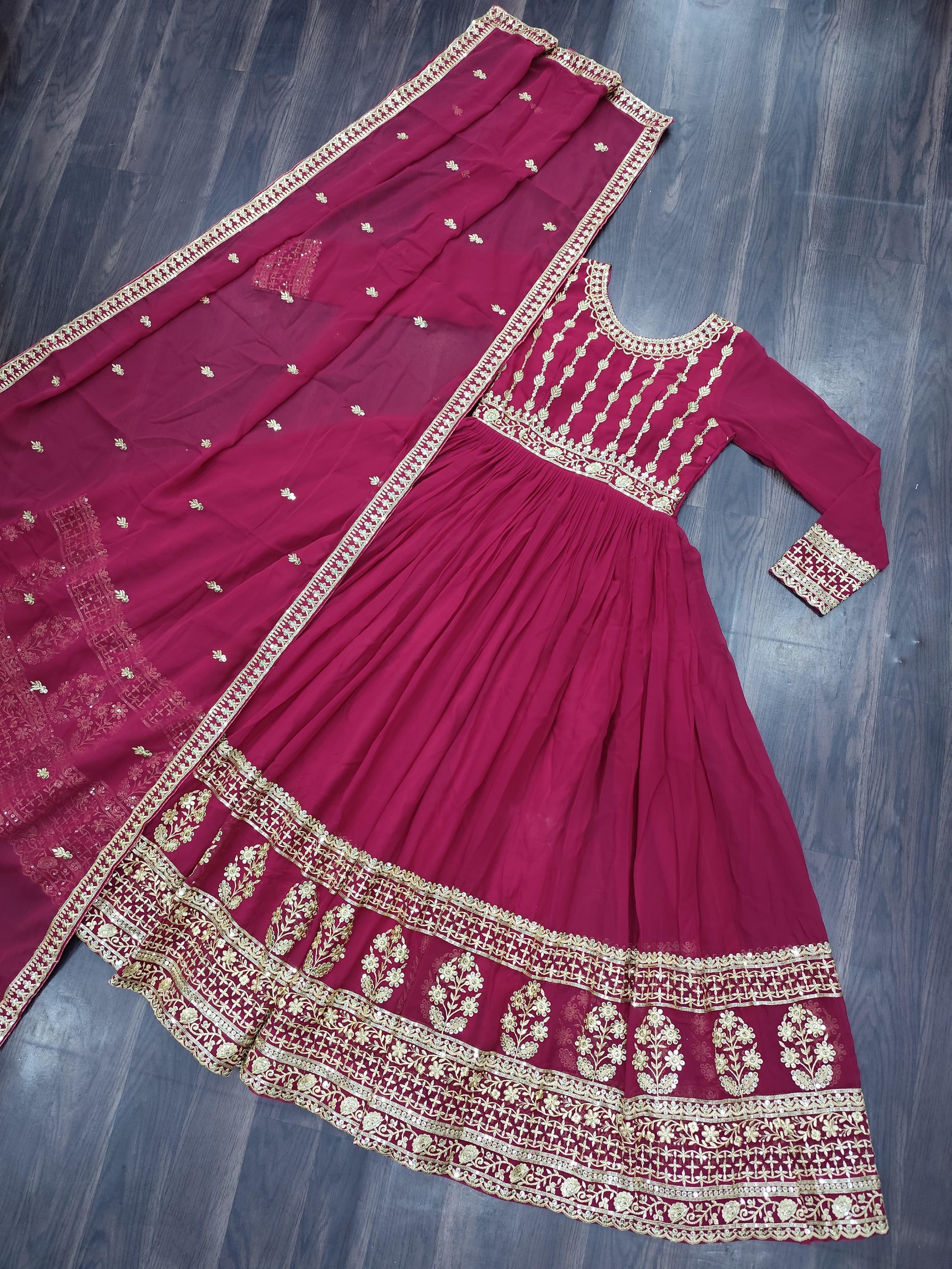 Fashionable Rani Pink Color Faux Blooming With Embroidery Zari Sequins Work Designer Gown