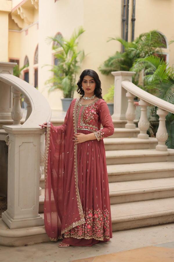 Stunning Peach Color Faux Georgette With Rich Sequins Embroidered Work Kurti With Sharara