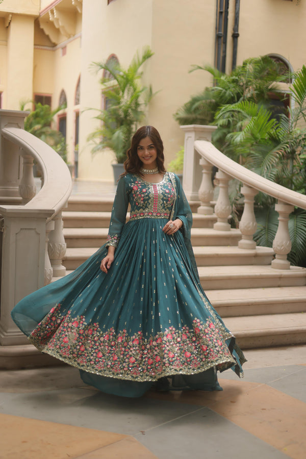 Stunning Teal Green Color Faux Georgette With Rich Sequins Embroidered Work Kurti With Sharara