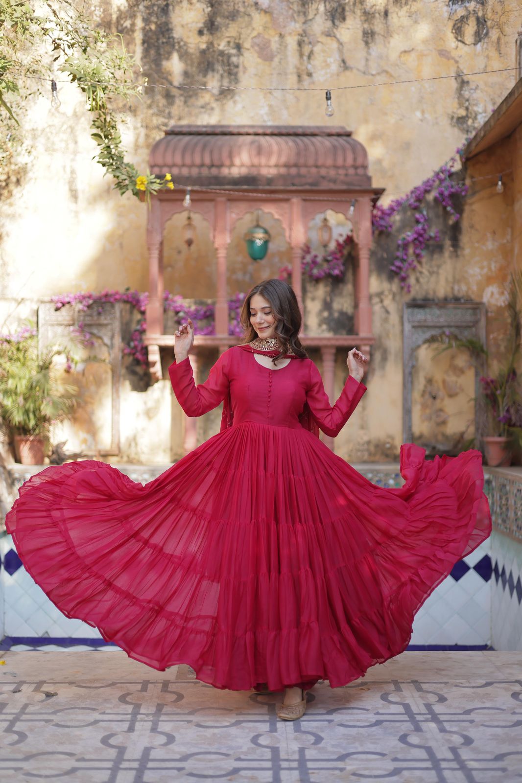 Engagement Wear Dark Pink Color Star Georgette Fully Flair Gown And Designer Embroidered Dupatta