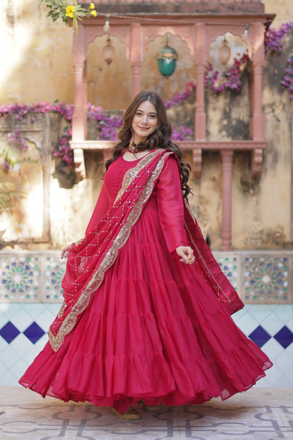 Engagement Wear Dark Pink Color Star Georgette Fully Flair Gown And Designer Embroidered Dupatta