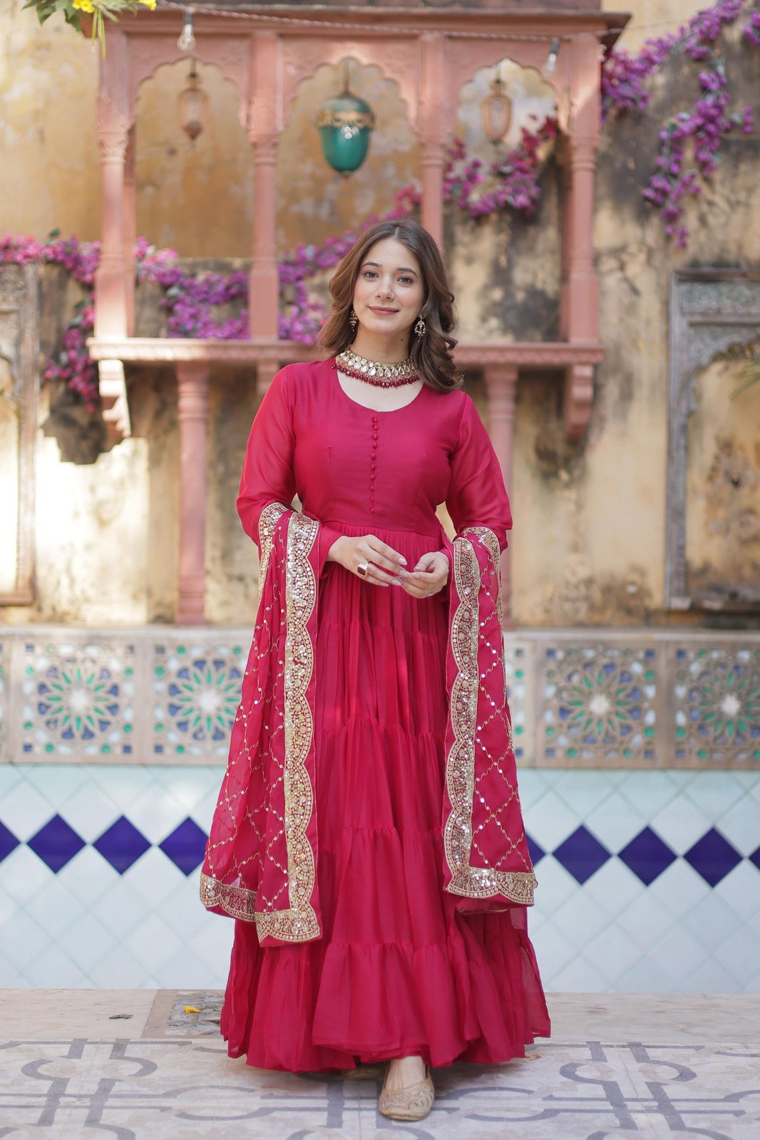 Engagement Wear Dark Pink Color Star Georgette Fully Flair Gown And Designer Embroidered Dupatta